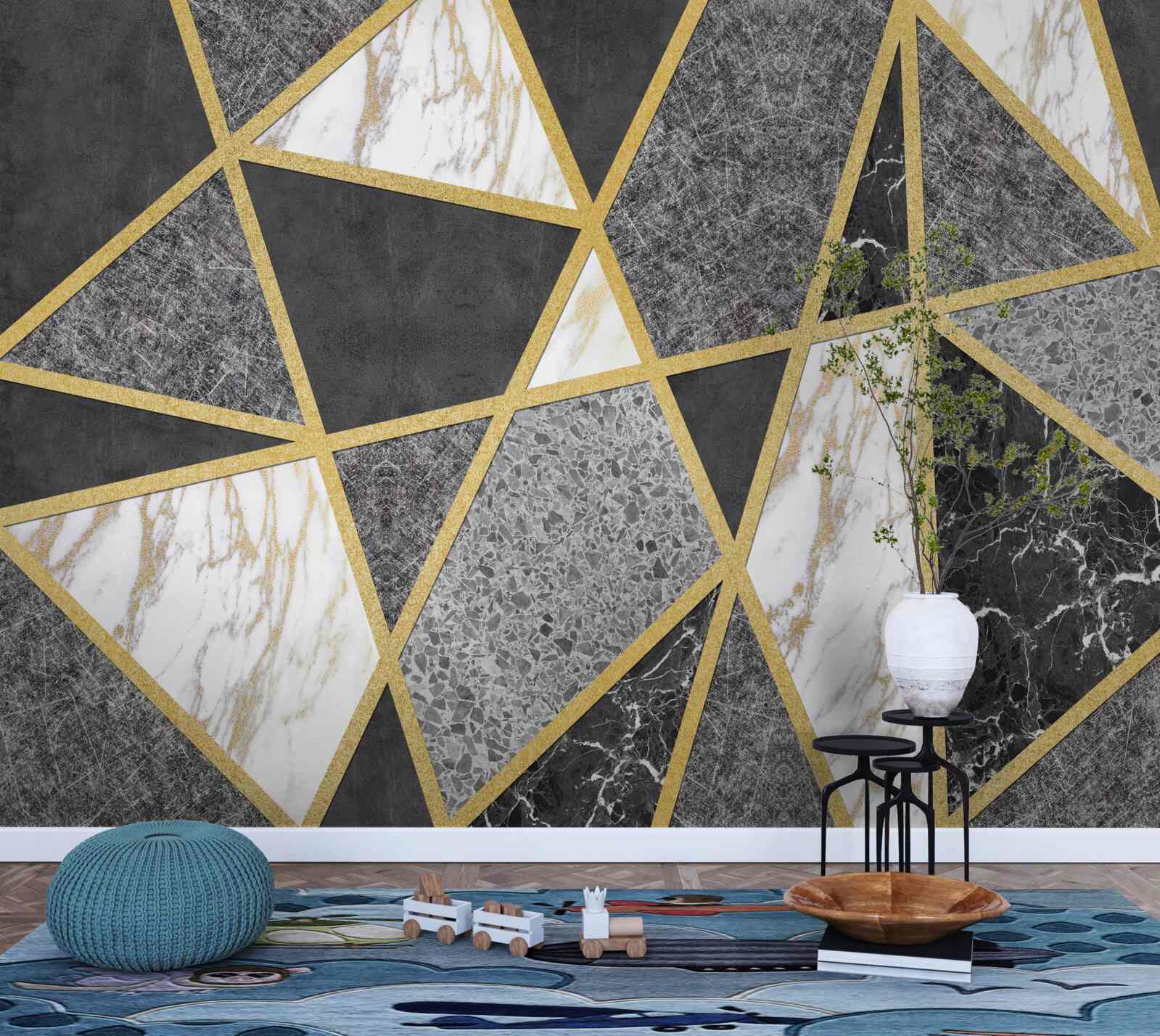 Papier peint mosaïque noire et blanche avec accents dorés