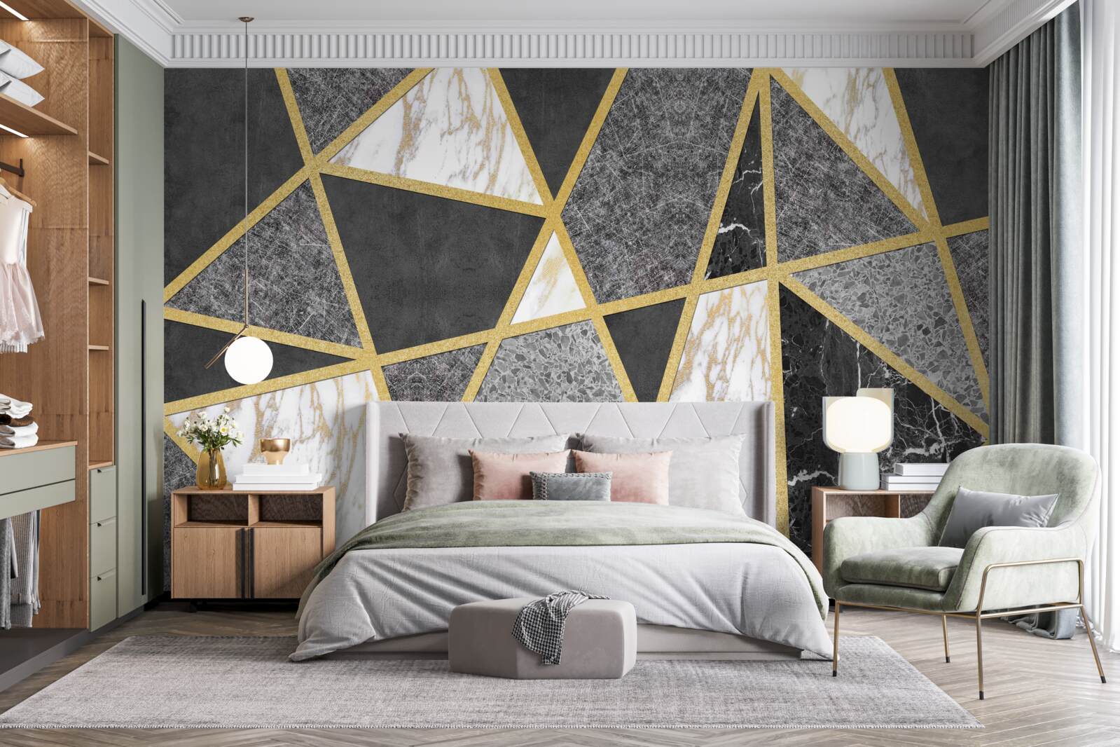 Papier peint mosaïque noire et blanche avec accents dorés