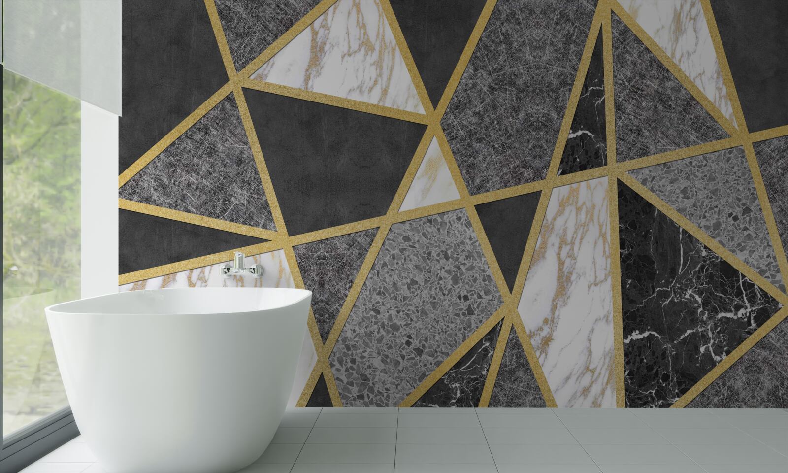 Papier peint mosaïque noire et blanche avec accents dorés