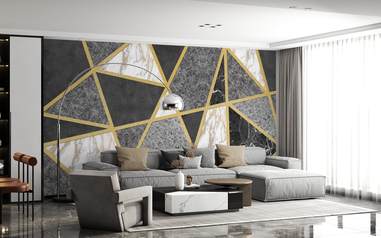 Papier peint mosaïque noire et blanche avec accents dorés