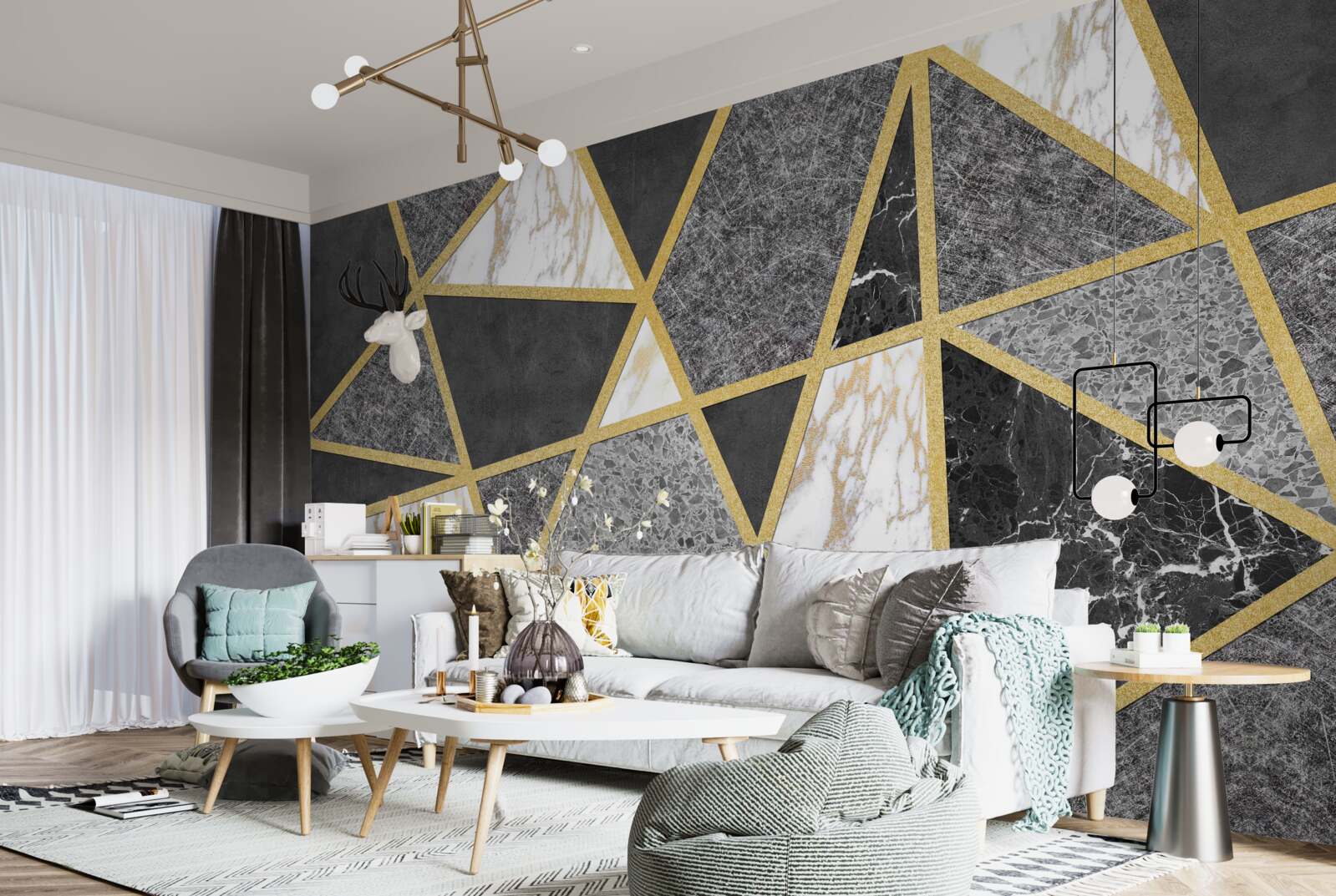 Papier peint mosaïque noire et blanche avec accents dorés