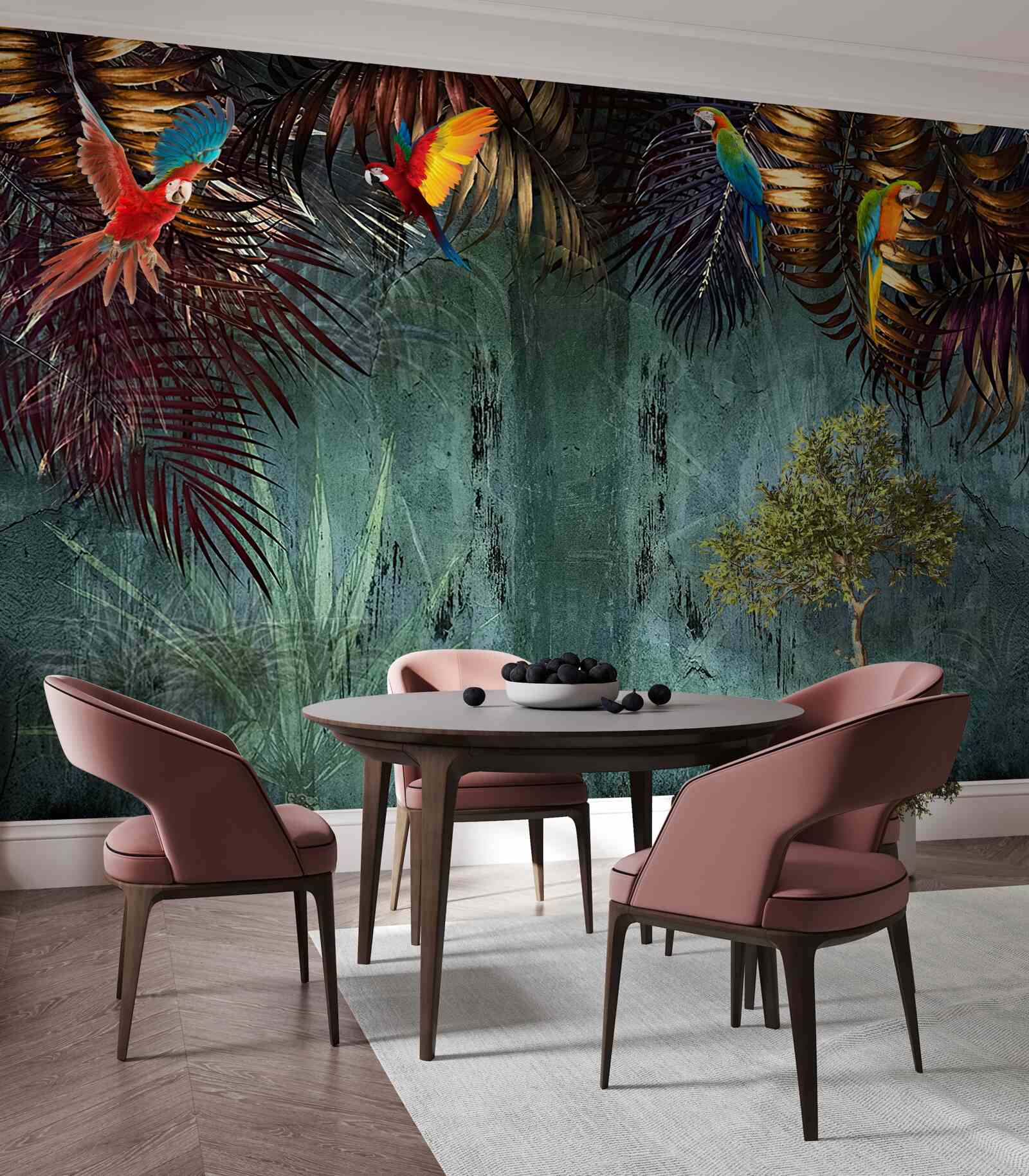 Papier peint le soir, les perroquets s'assoient sur des feuilles tropicales