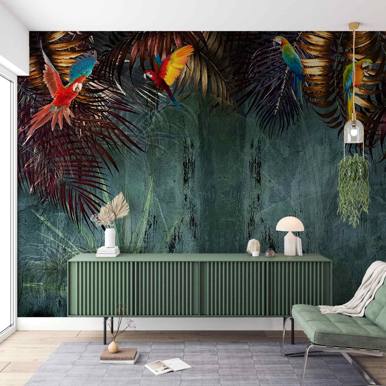 Papier peint le soir, les perroquets s'assoient sur des feuilles tropicales