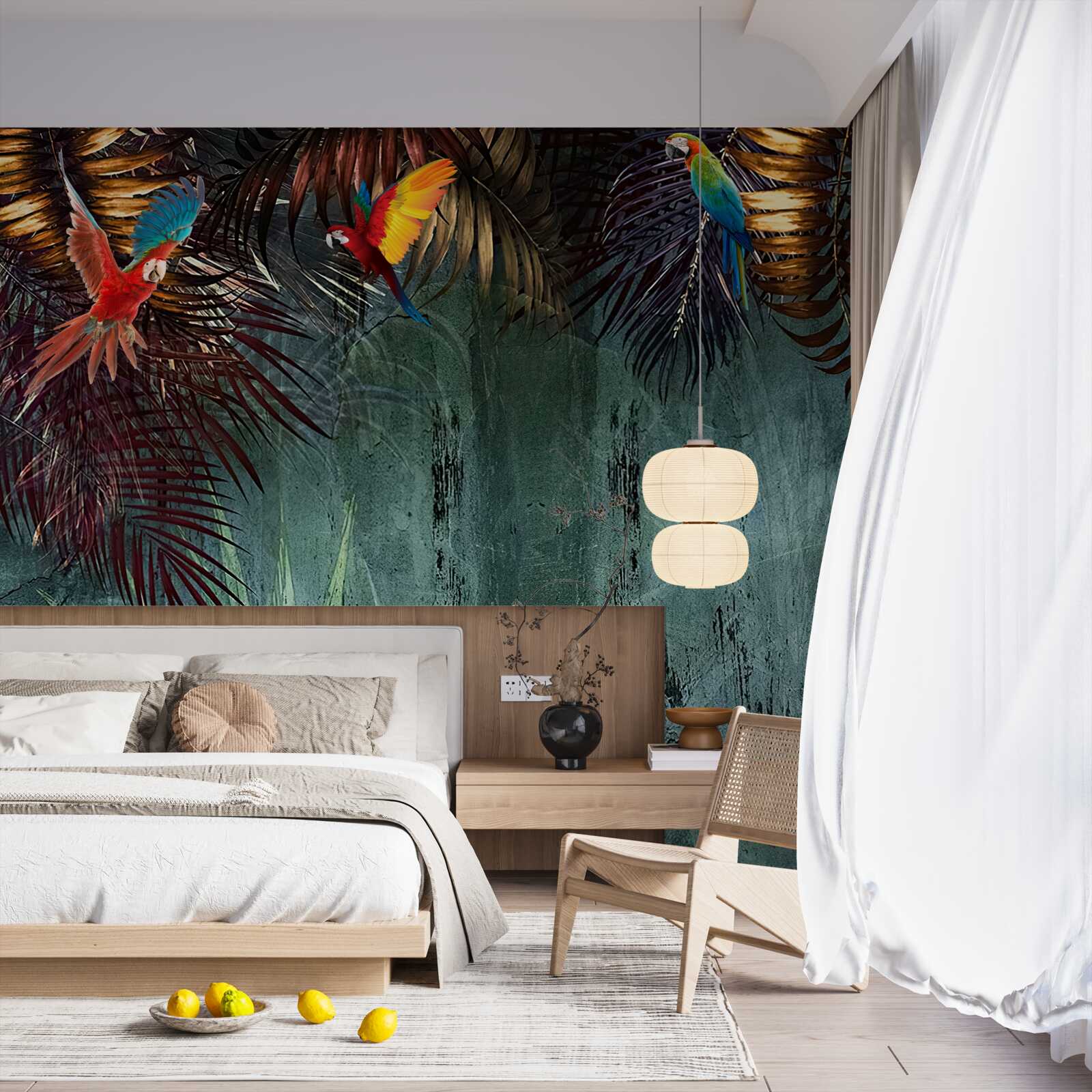 Papier peint le soir, les perroquets s'assoient sur des feuilles tropicales