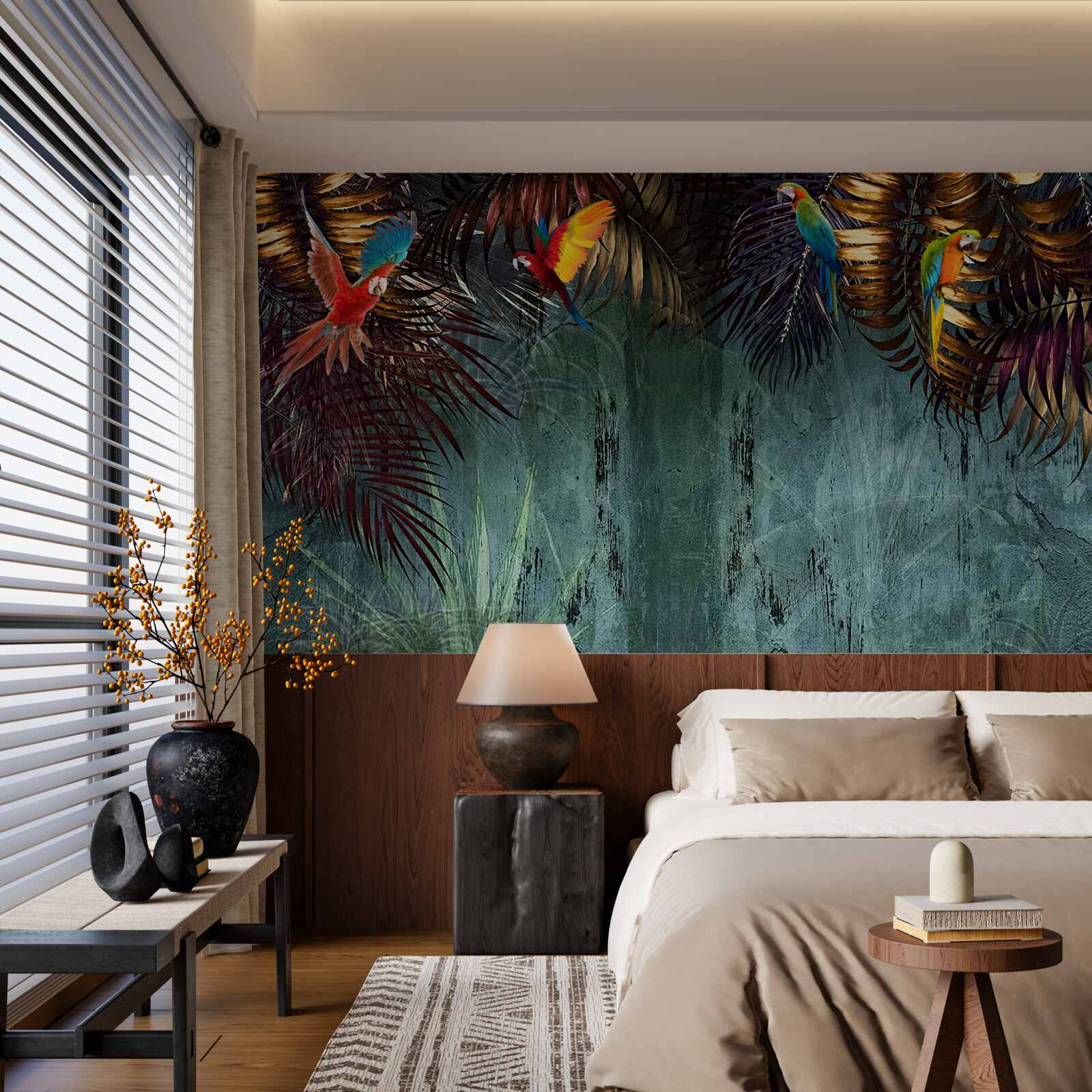 Papier peint le soir, les perroquets s'assoient sur des feuilles tropicales