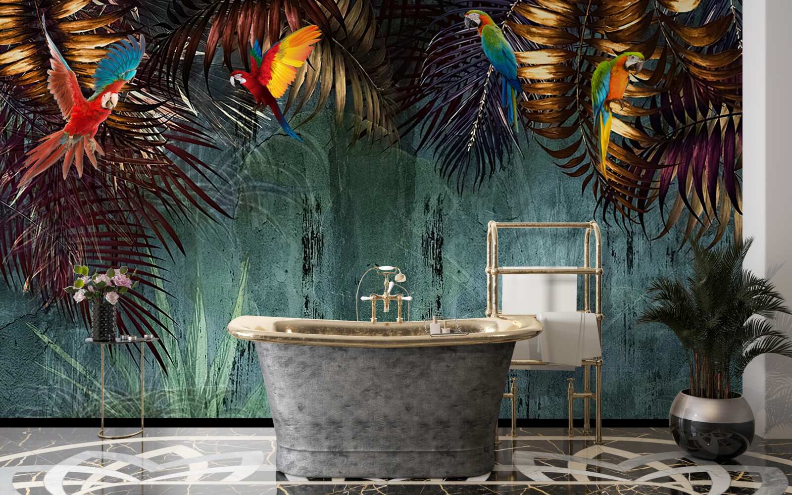 Papier peint le soir, les perroquets s'assoient sur des feuilles tropicales