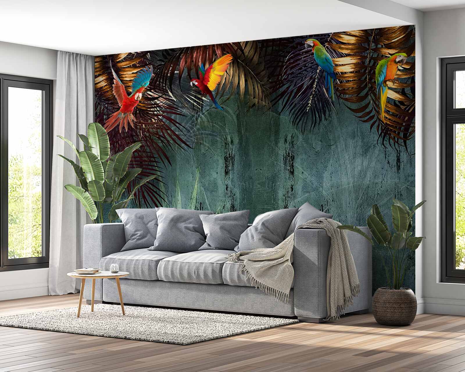 Papier peint le soir, les perroquets s'assoient sur des feuilles tropicales