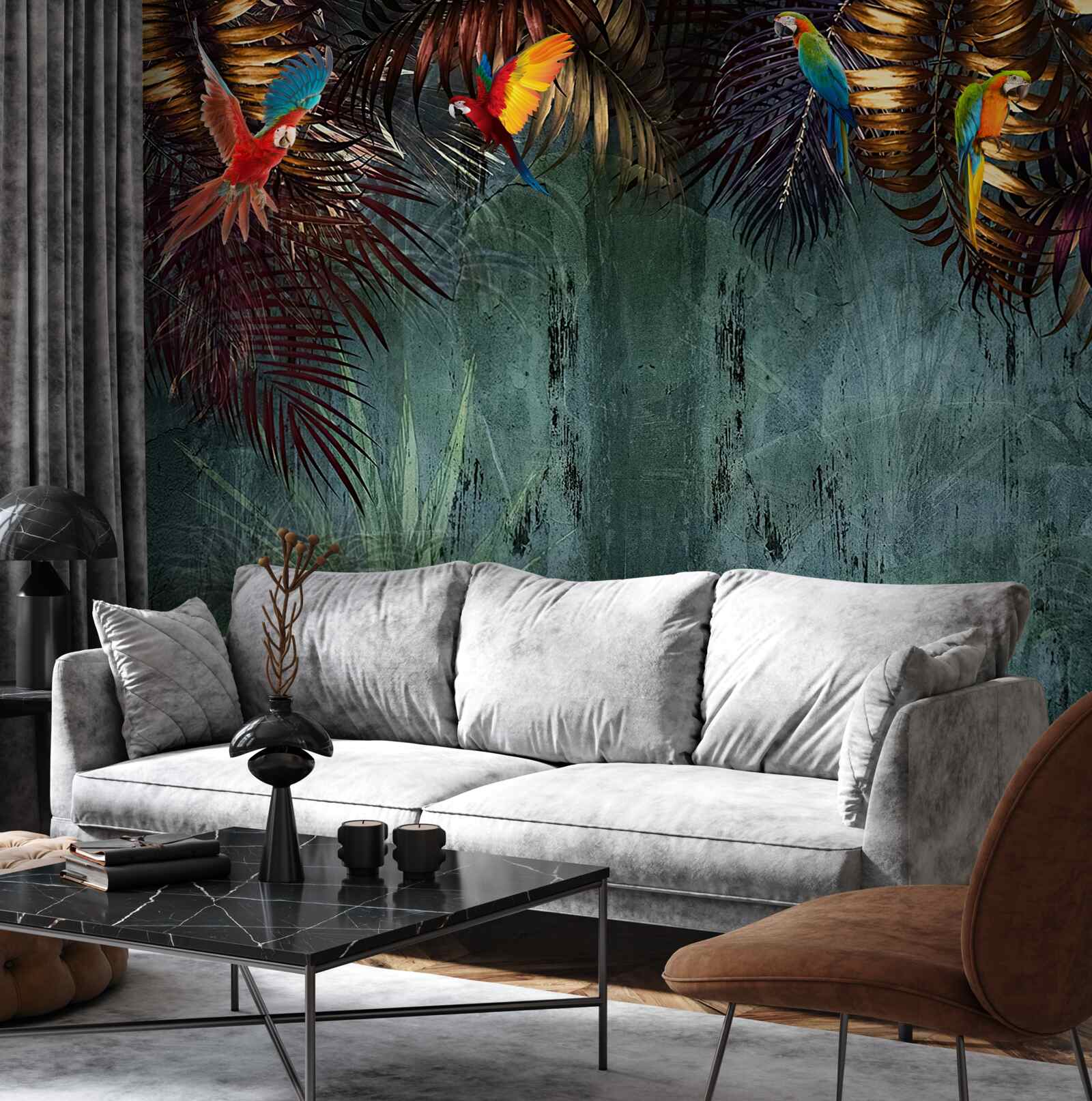 Papier peint le soir, les perroquets s'assoient sur des feuilles tropicales