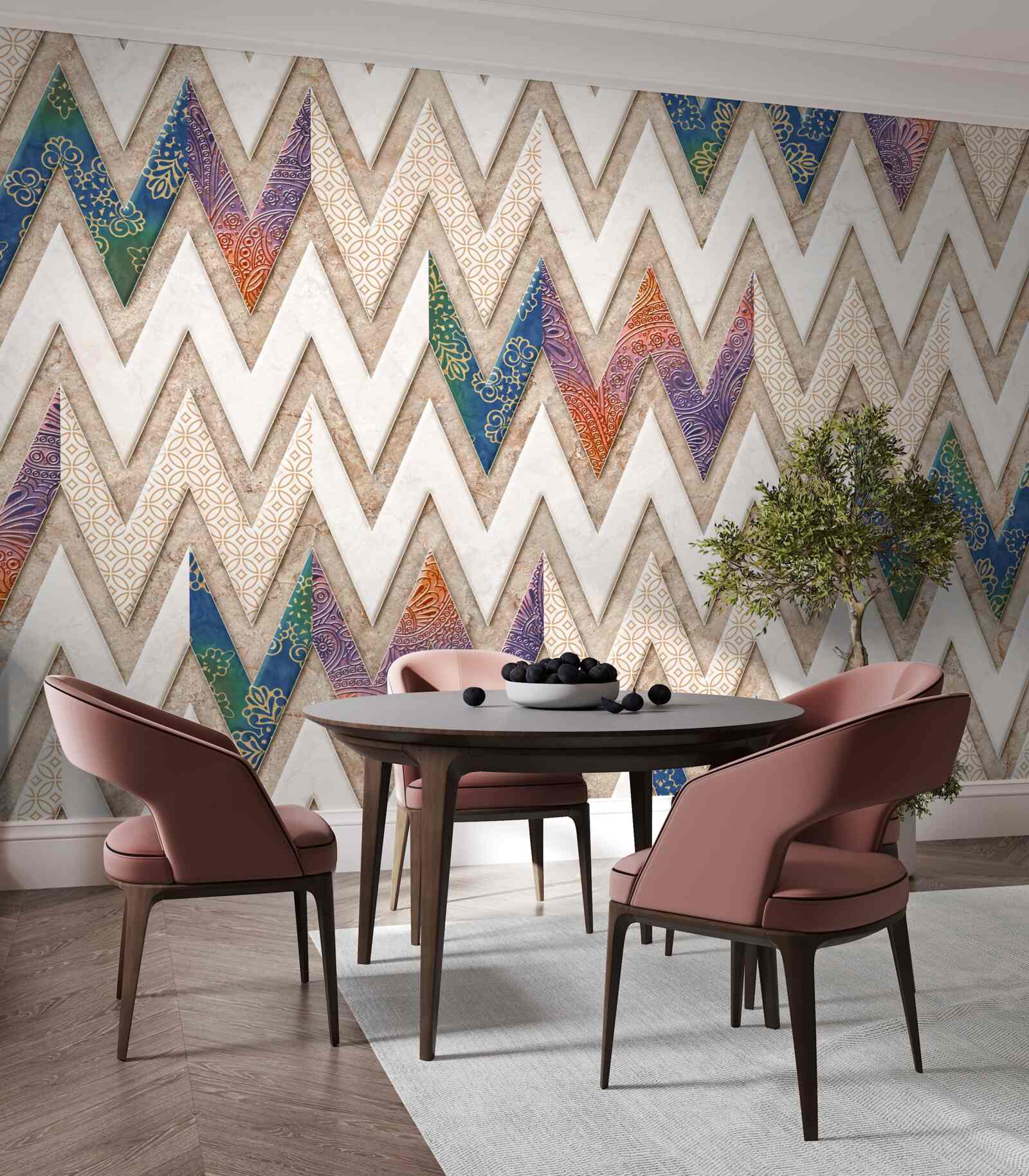 Papier peint lignes ondulées polychromes