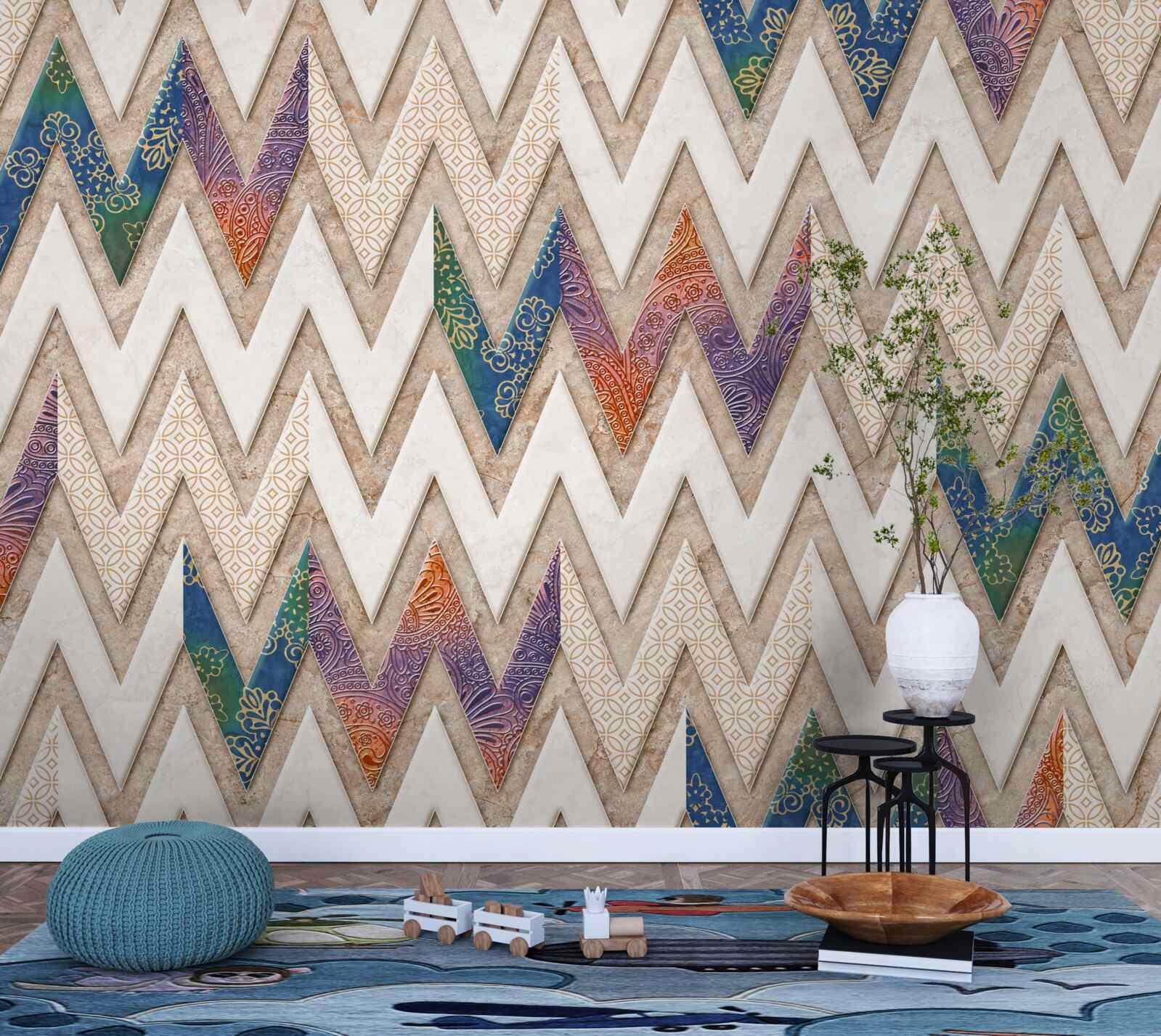 Papier peint lignes ondulées polychromes