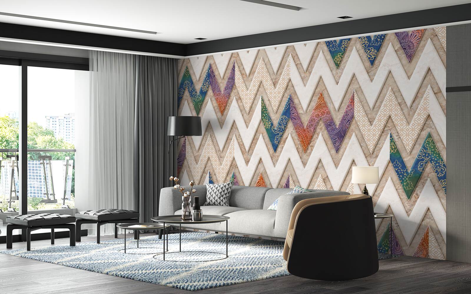 Papier peint lignes ondulées polychromes