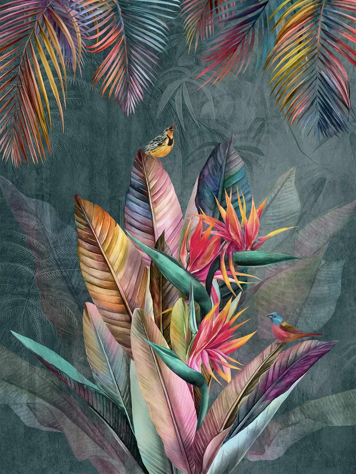 Papier peint oiseaux sur des feuilles d'automne lumineuses