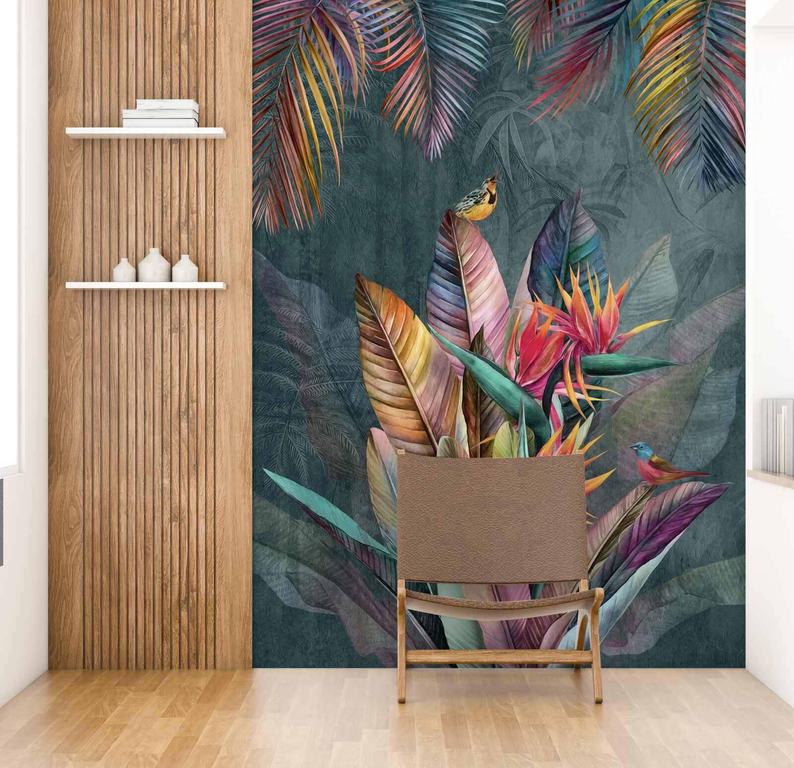 Papier peint oiseaux sur des feuilles d'automne lumineuses