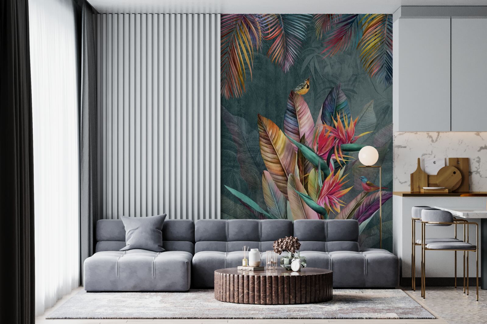 Papier peint oiseaux sur des feuilles d'automne lumineuses