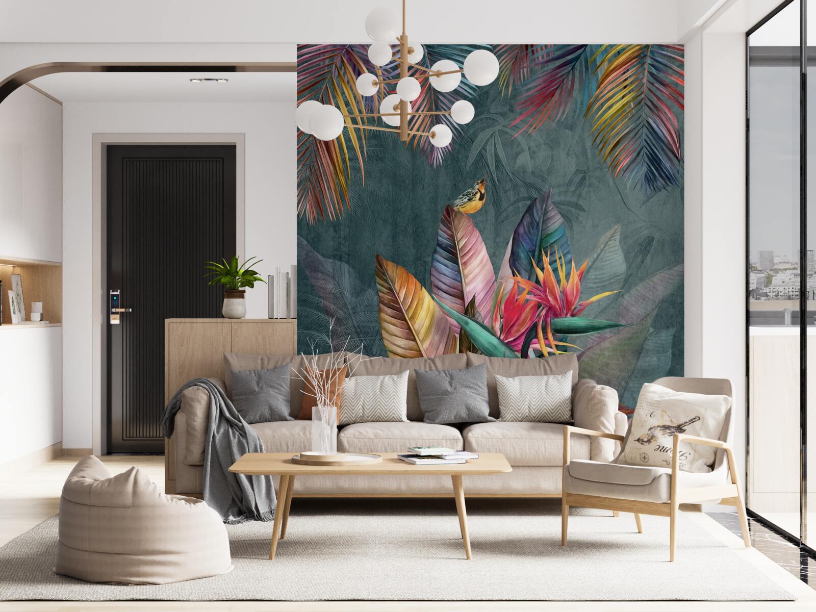 Papier peint oiseaux sur des feuilles d'automne lumineuses