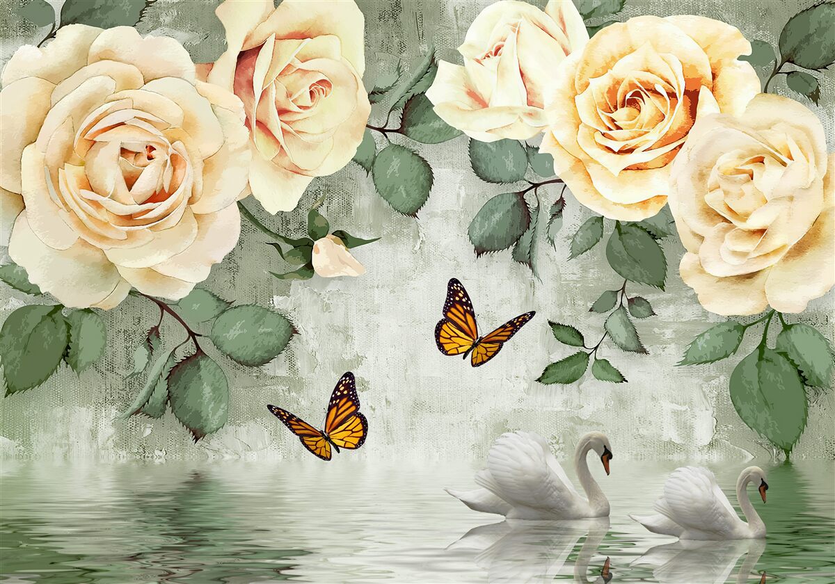 Papier peint roses crème avec papillons à proximité