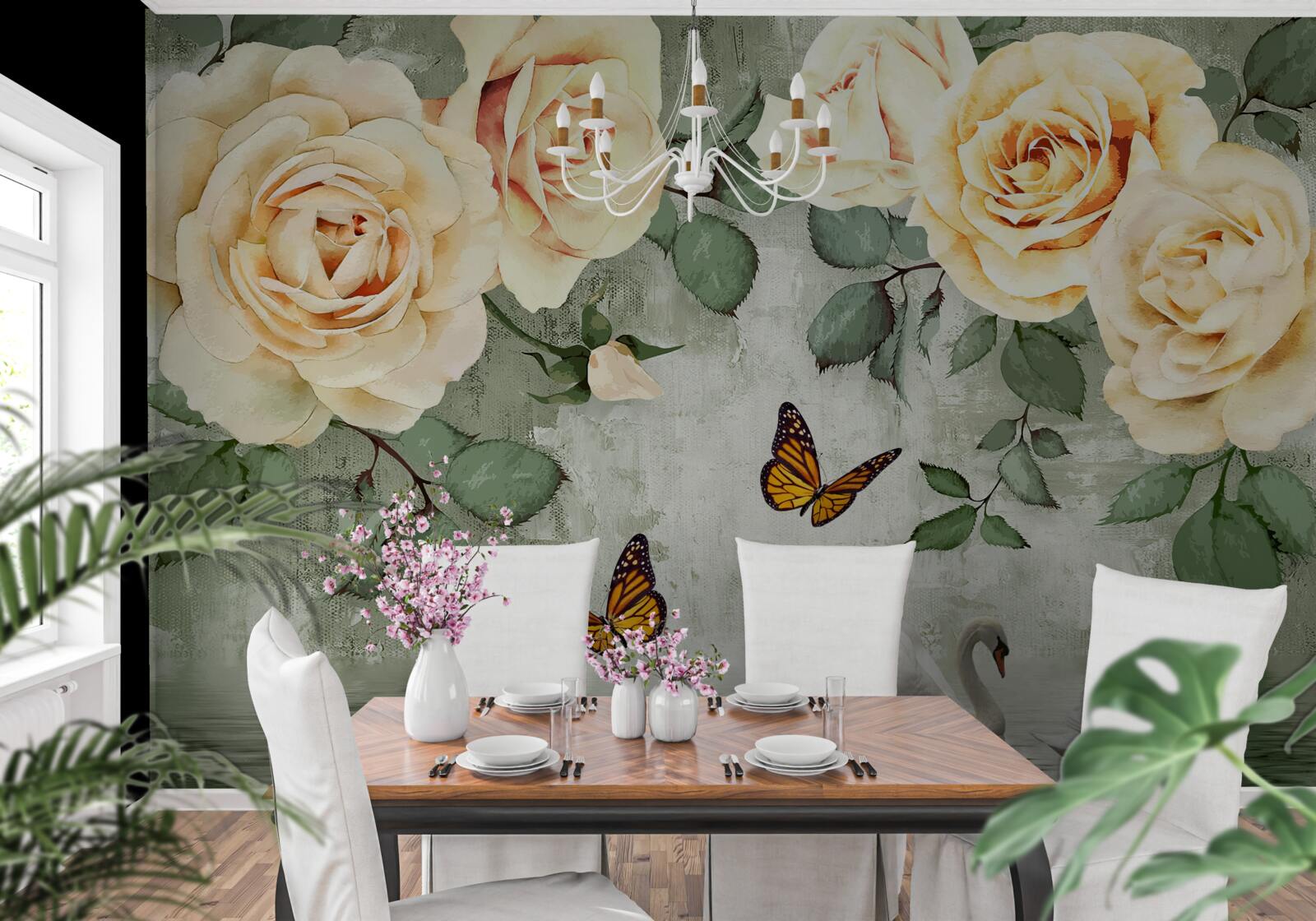 Papier peint roses crème avec papillons à proximité