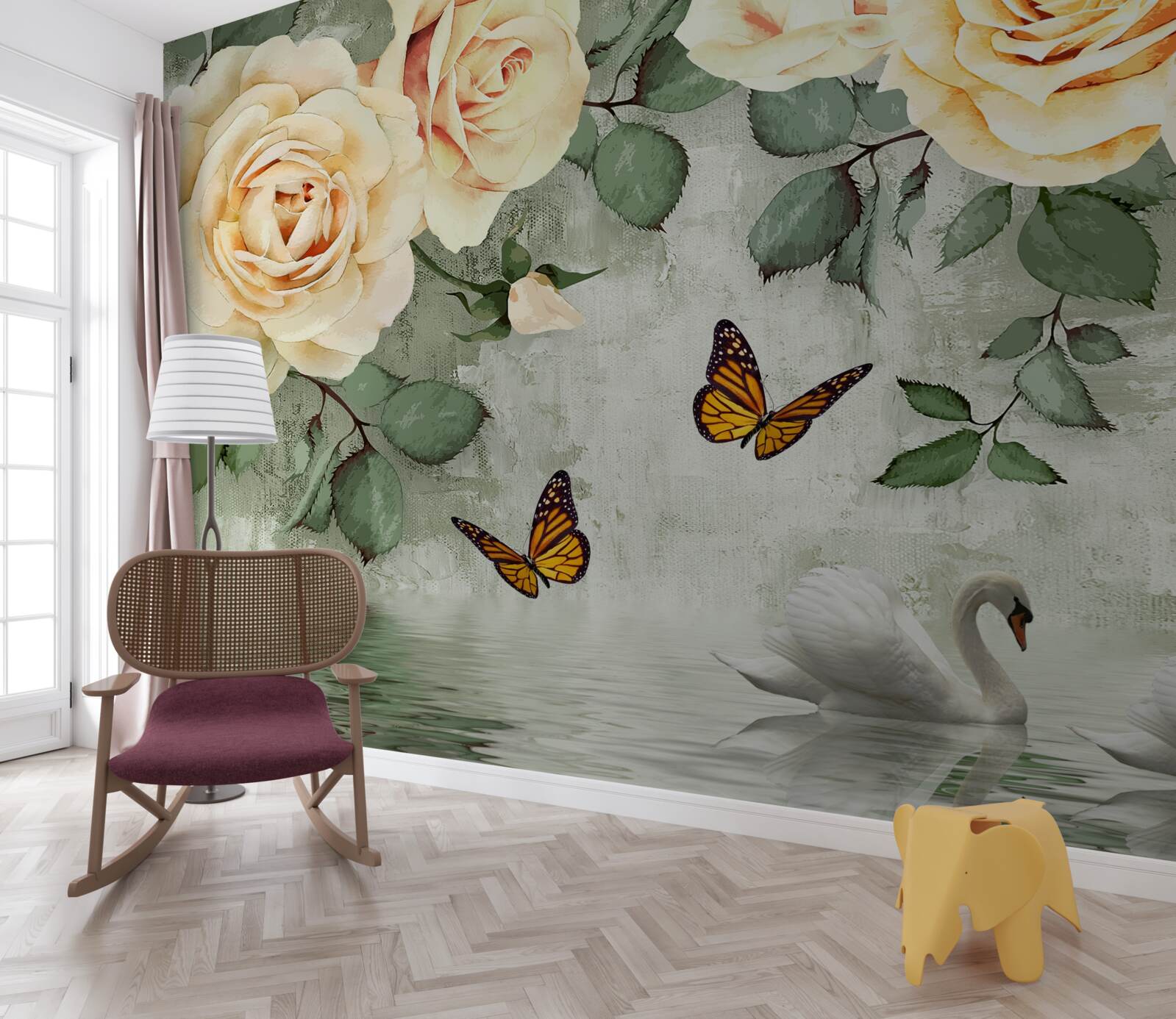 Papier peint roses crème avec papillons à proximité