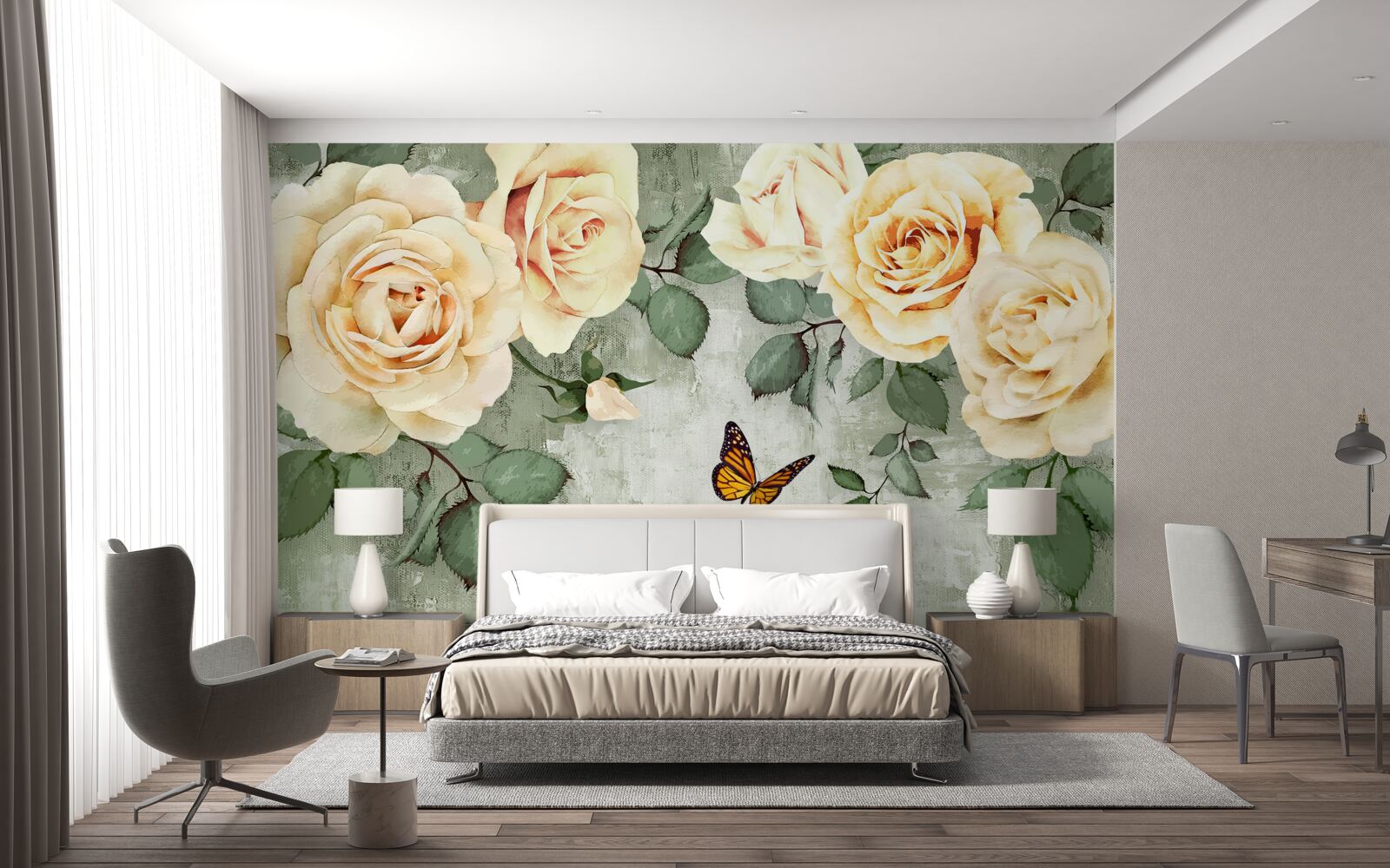 Papier peint roses crème avec papillons à proximité