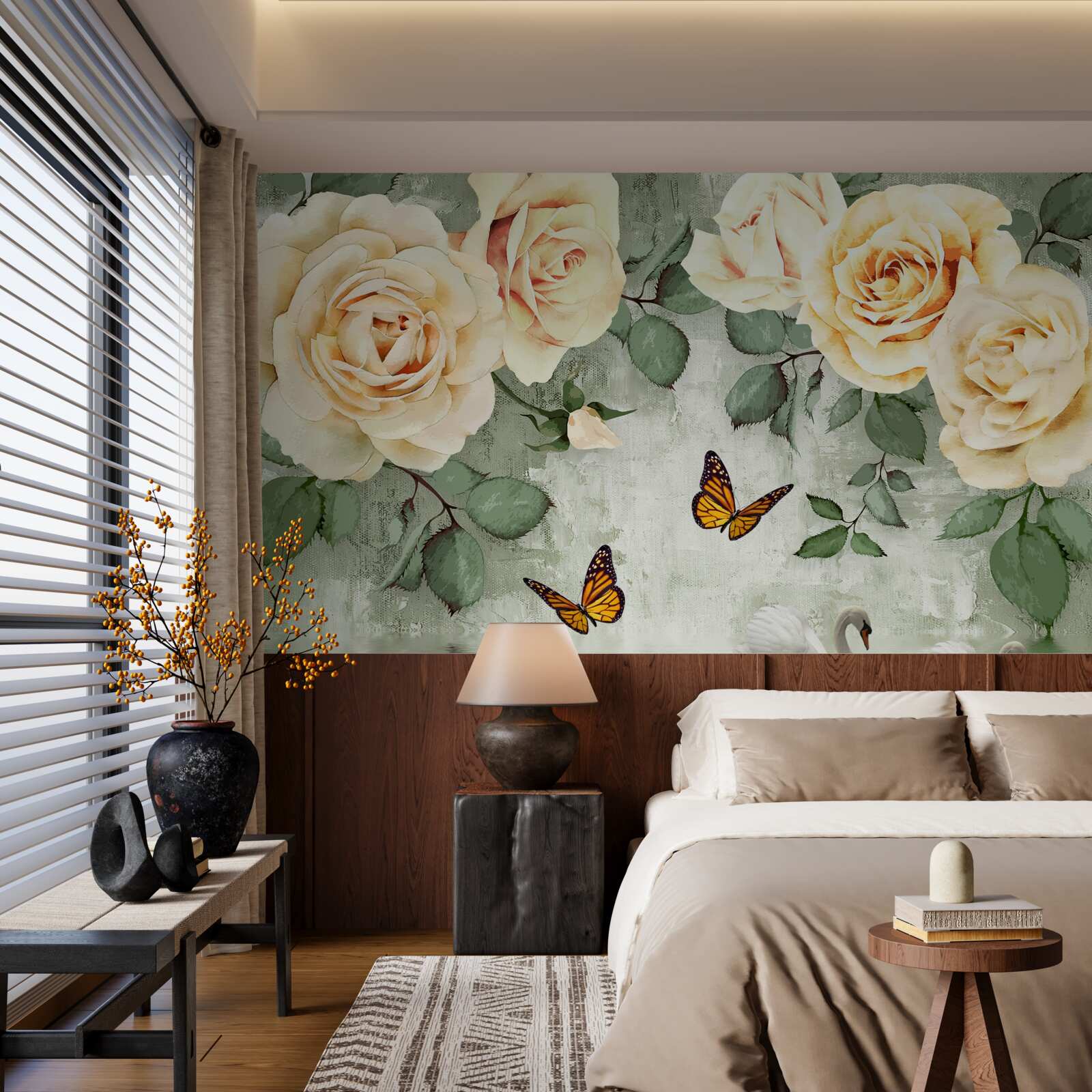 Papier peint roses crème avec papillons à proximité