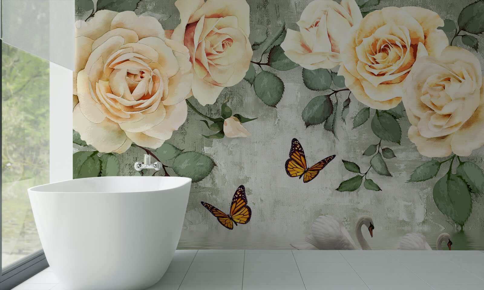 Papier peint roses crème avec papillons à proximité