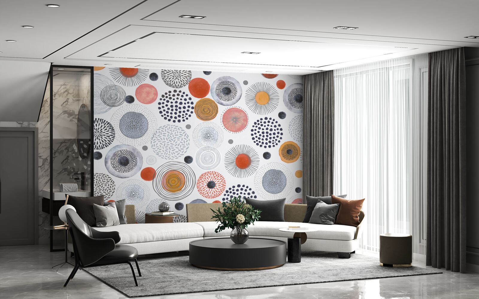 Papier peint tapis colorés contrastant avec le gris