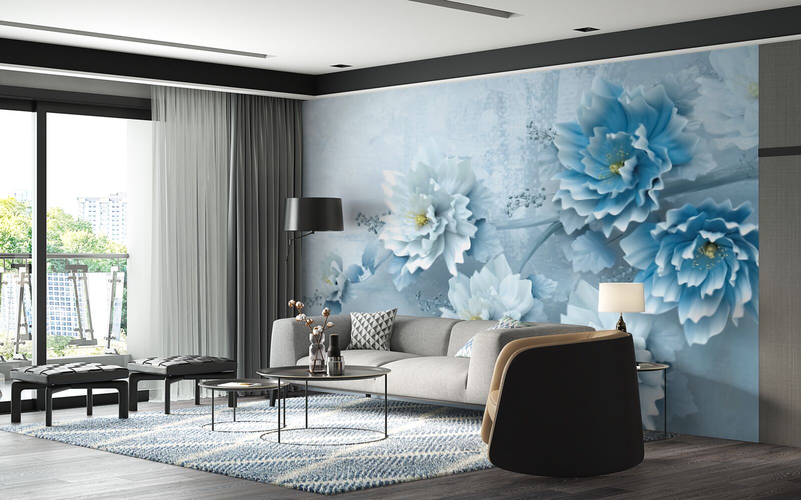 Papier peint les fleurs sont bleu pâle