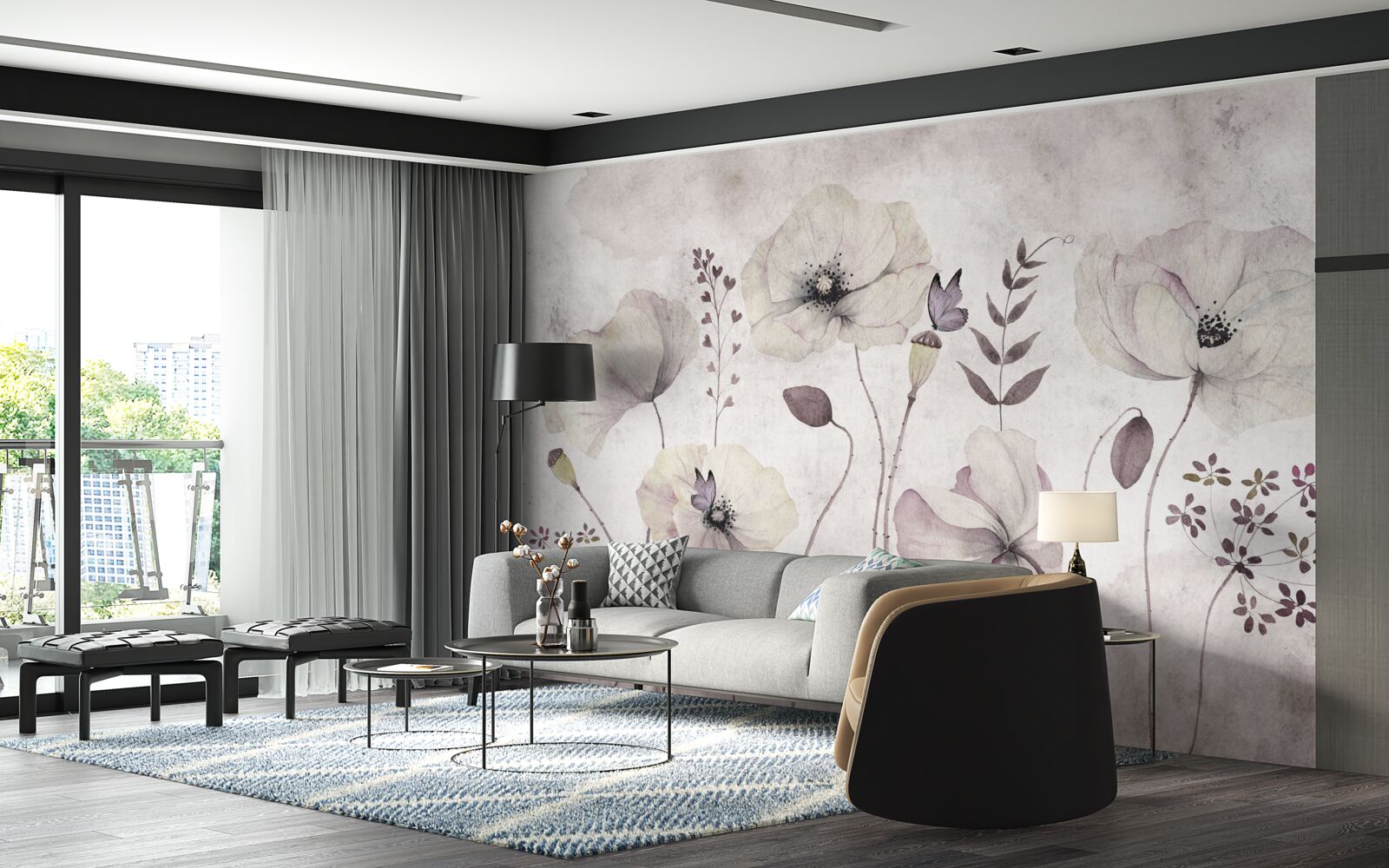 Papier peint coquelicots doux sur des tiges gracieuses