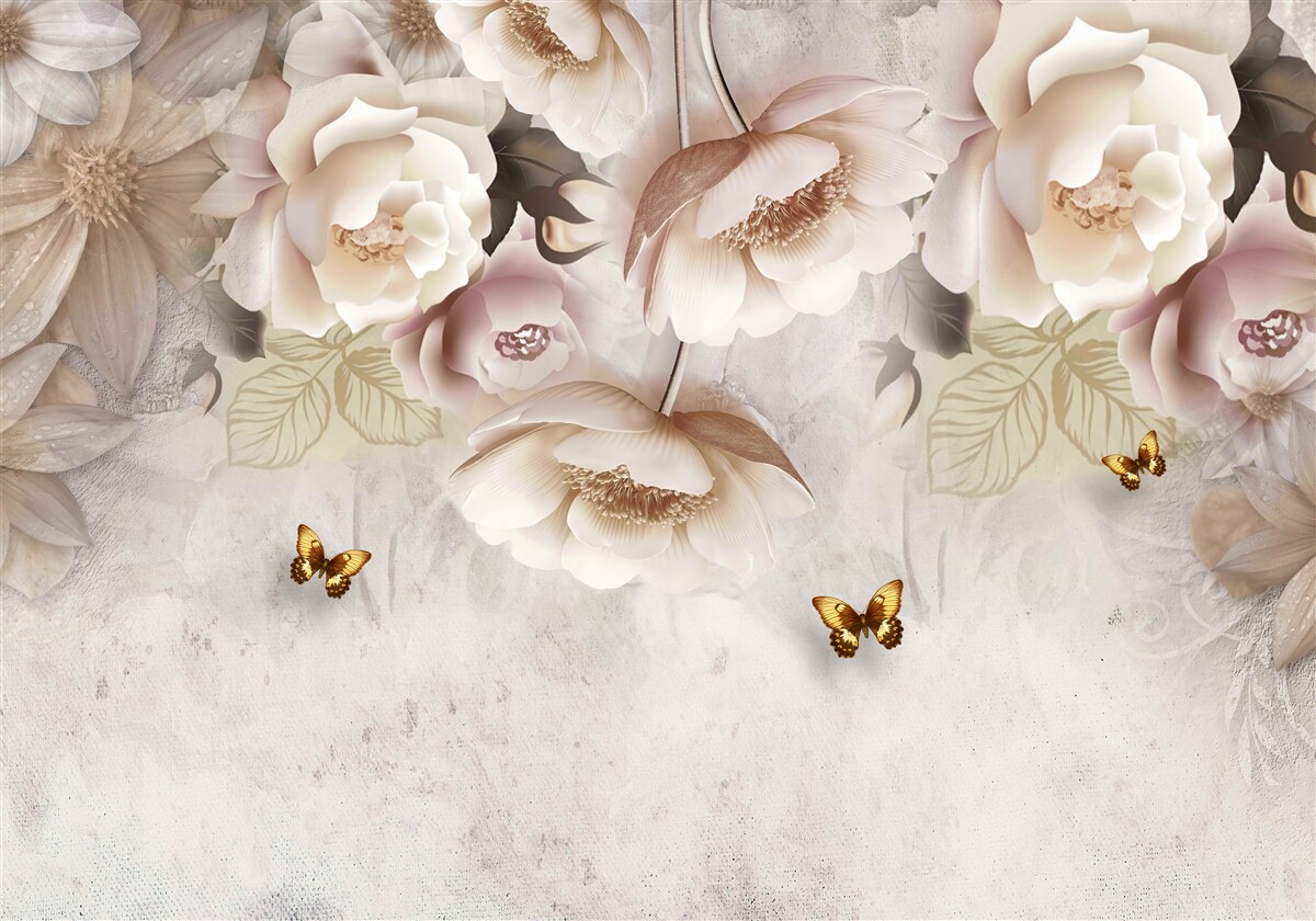 Papier peint roses dans les tons crème et papillons clairs