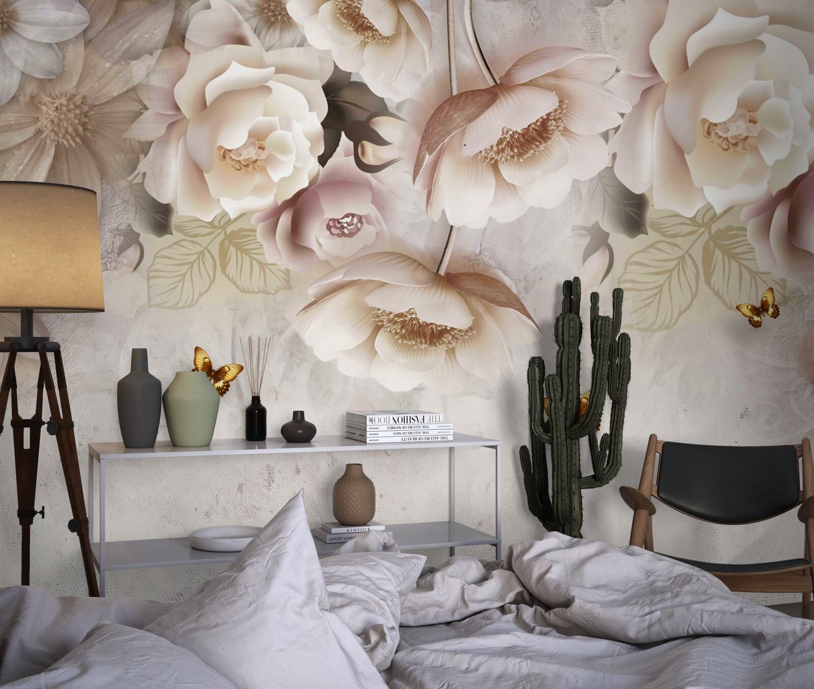 Papier peint roses dans les tons crème et papillons clairs