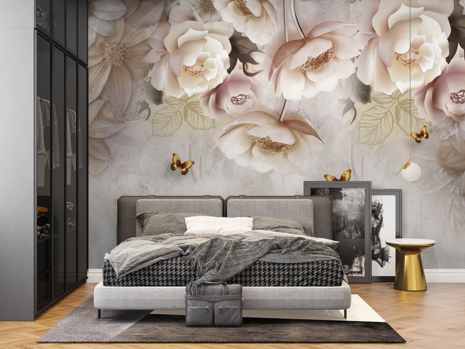 Papier peint roses dans les tons crème et papillons clairs