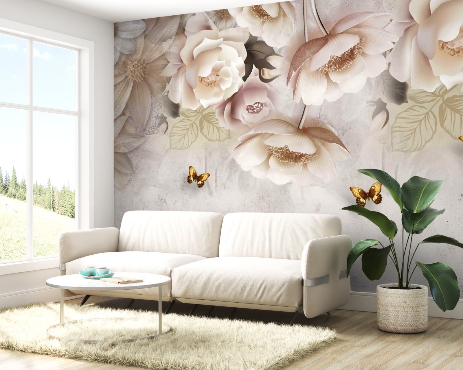 Papier peint roses dans les tons crème et papillons clairs