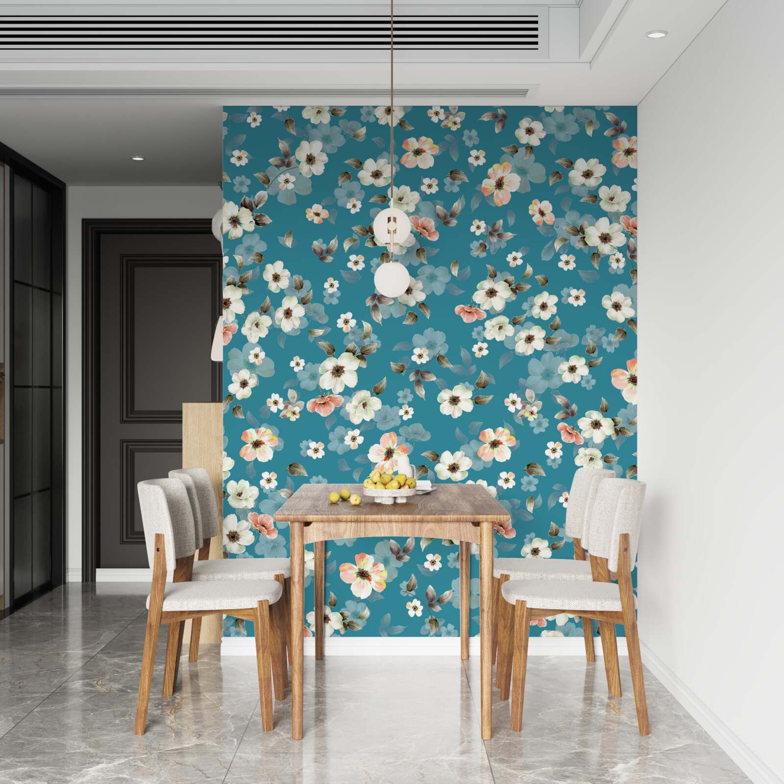 Papier peint petites fleurs sur fond bleu