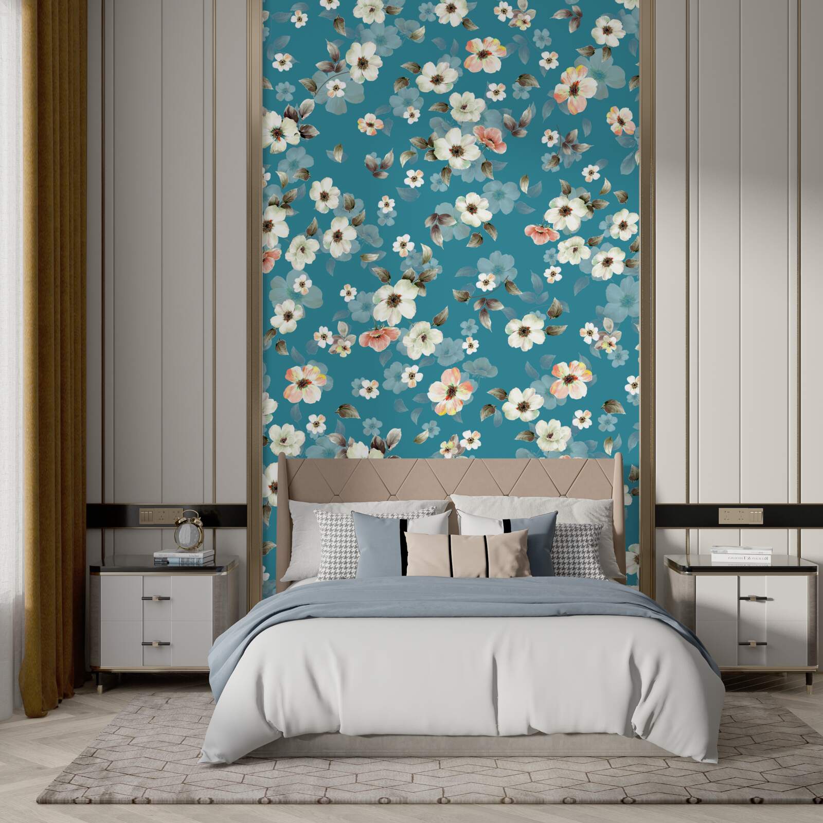 Papier peint petites fleurs sur fond bleu