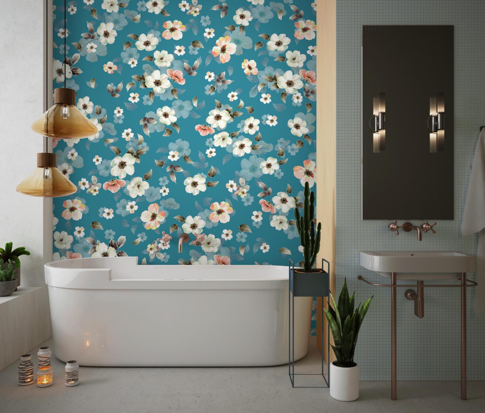 Papier peint petites fleurs sur fond bleu