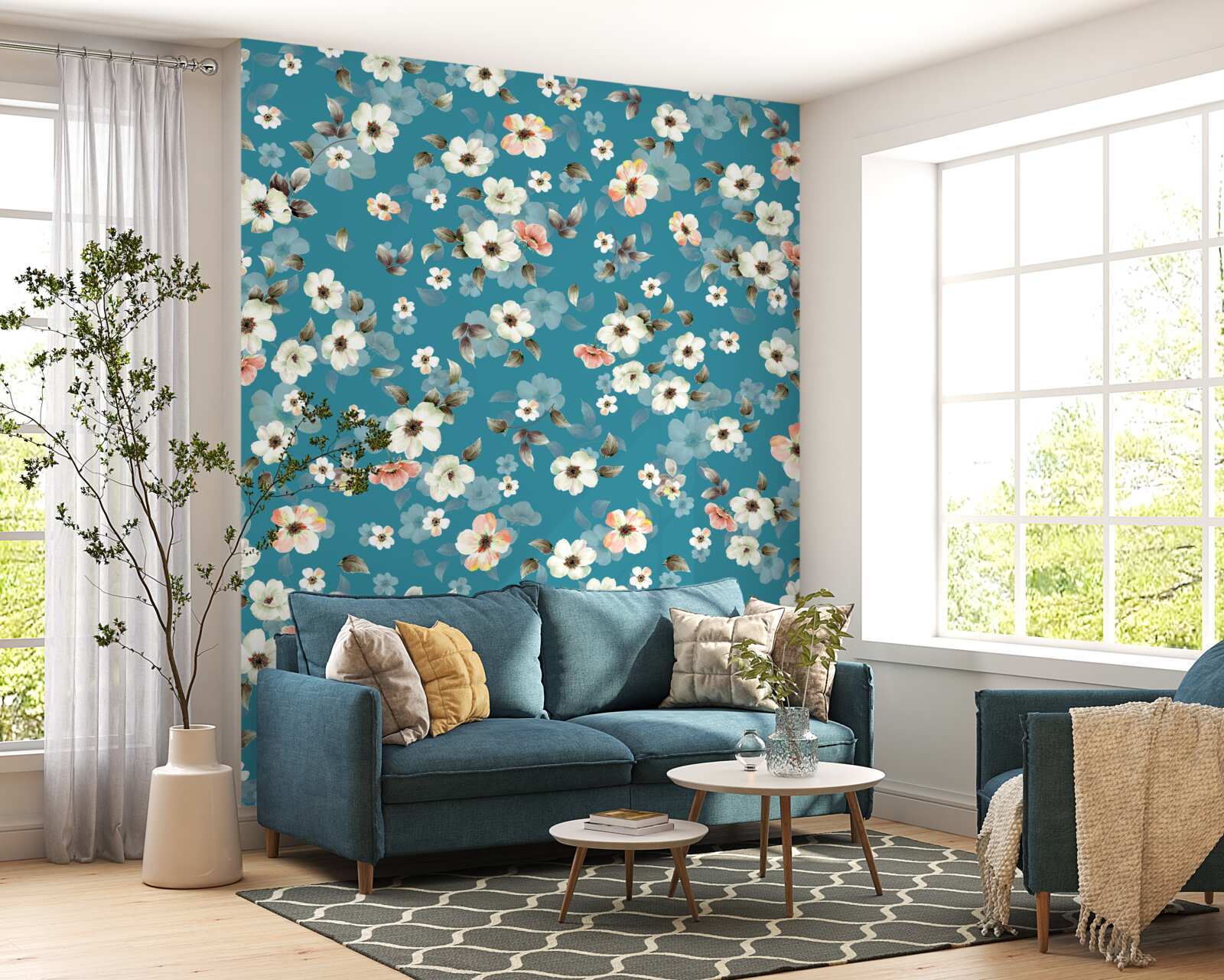 Papier peint petites fleurs sur fond bleu