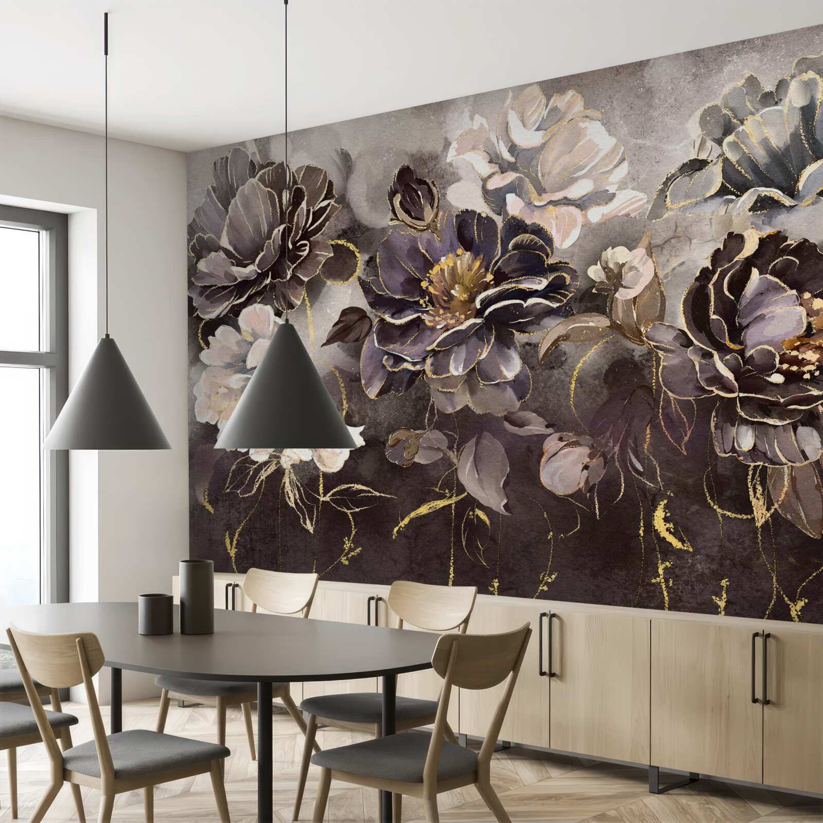 Papier peint pivoines en noir et blanc