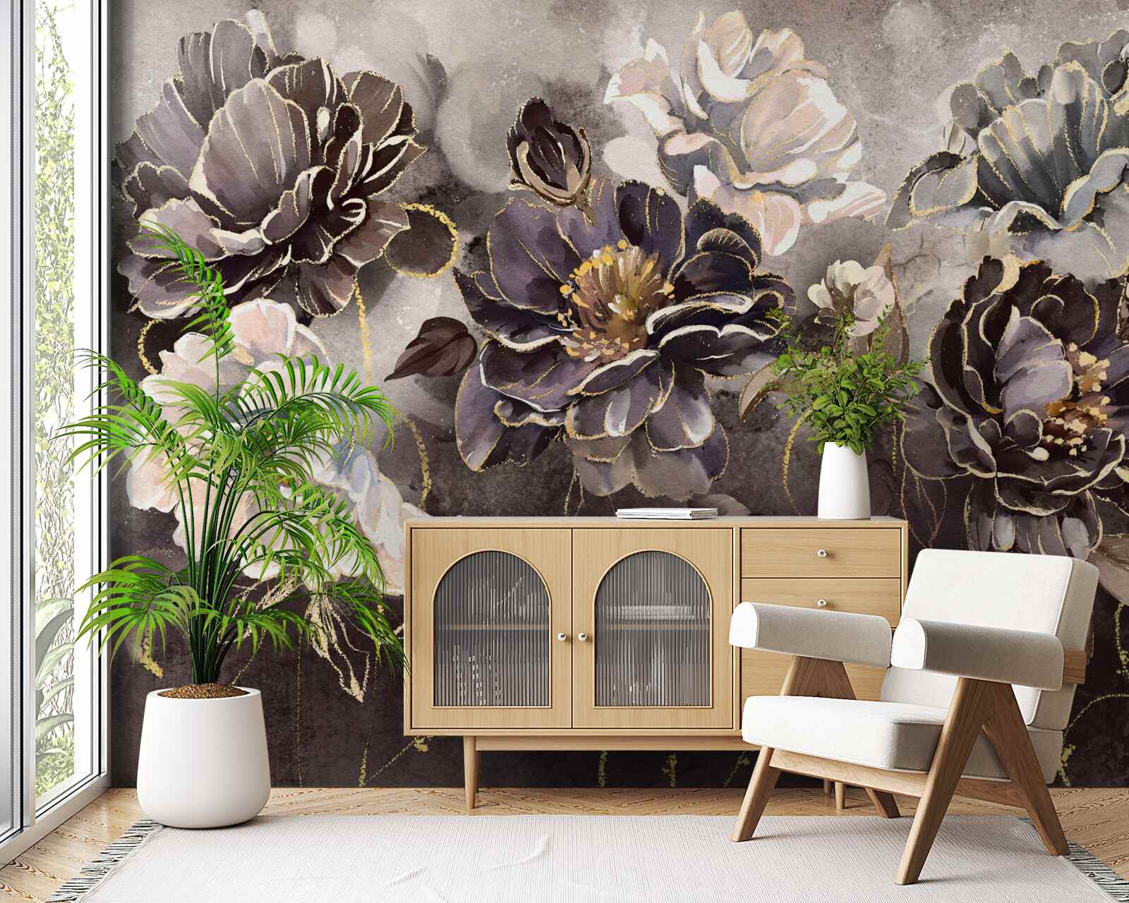 Papier peint pivoines en noir et blanc