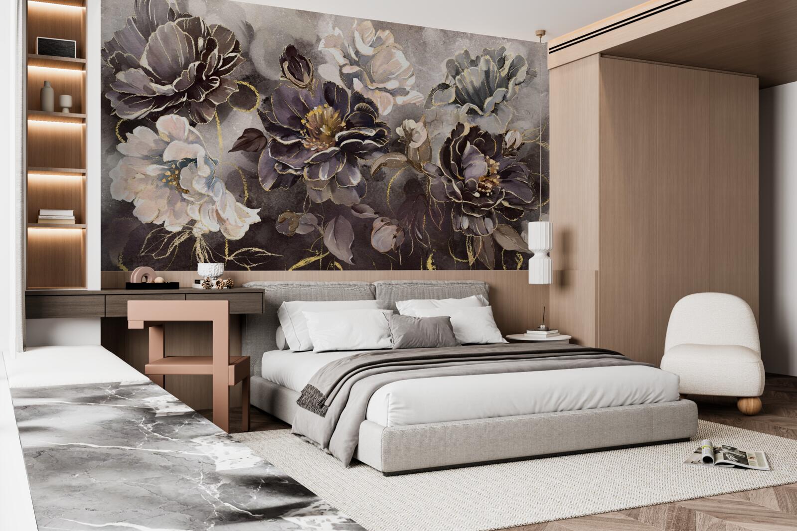 Papier peint pivoines en noir et blanc