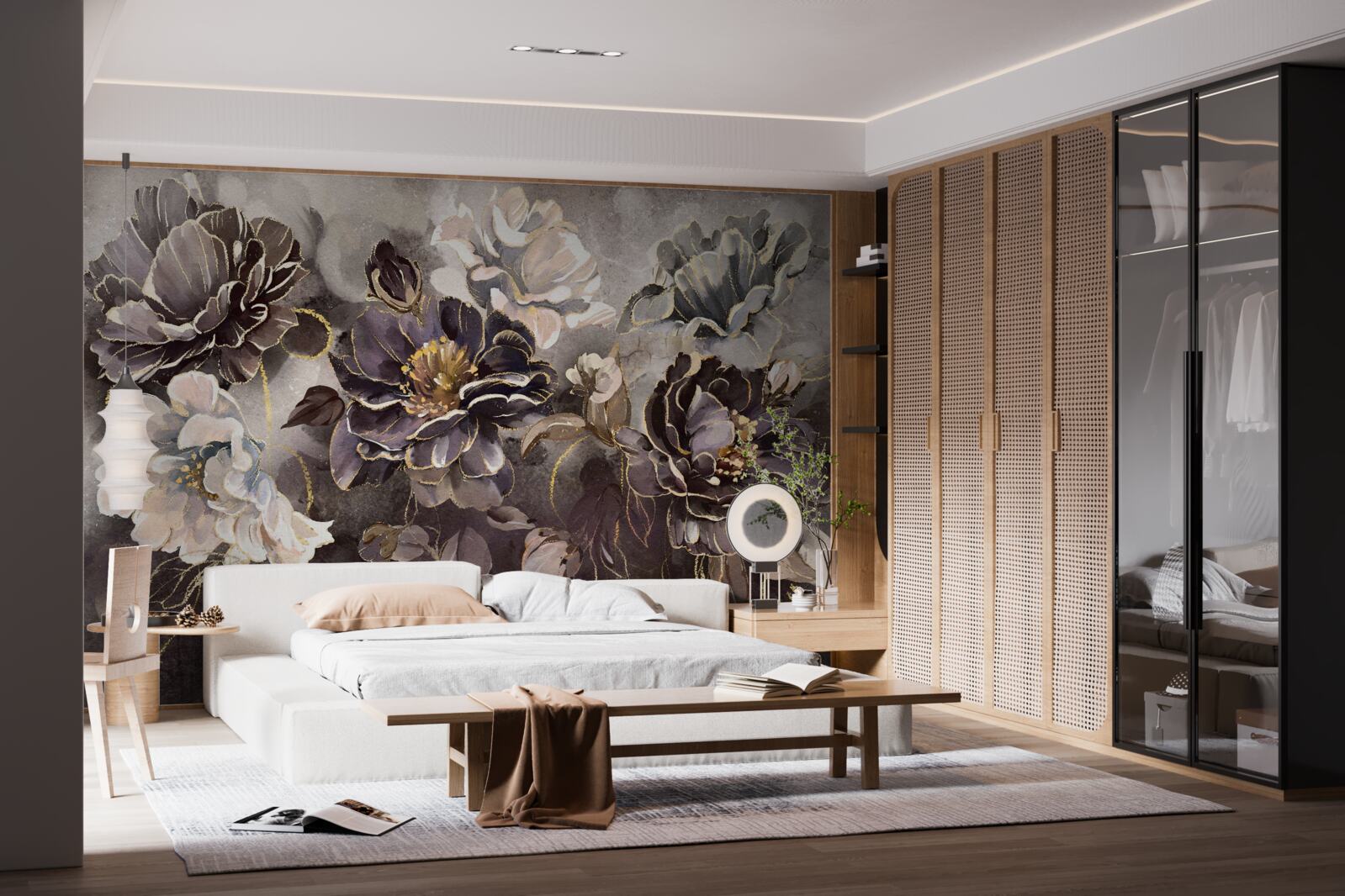 Papier peint pivoines en noir et blanc