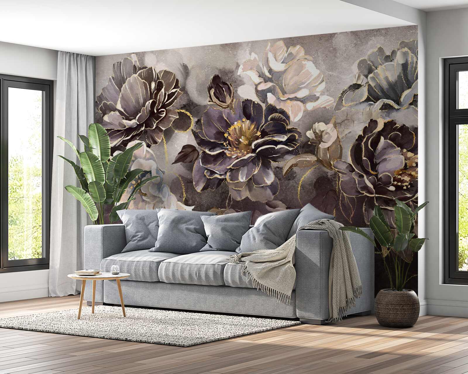 Papier peint pivoines en noir et blanc