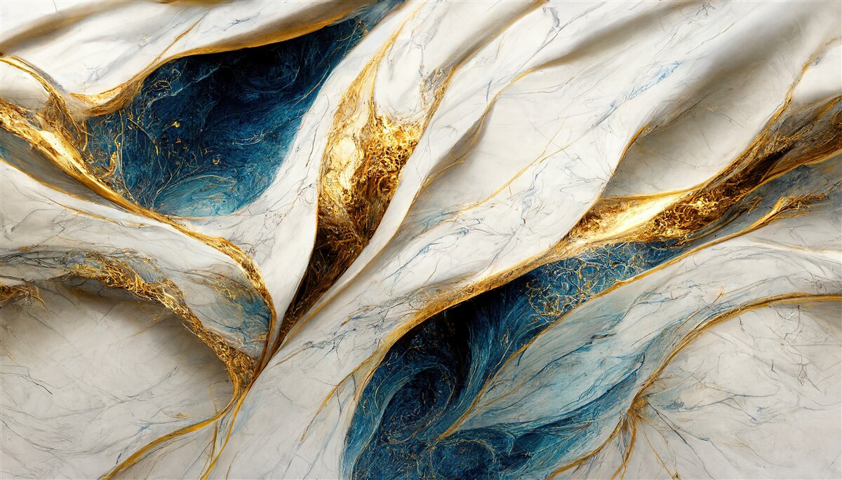 Papier peint marbre exclusif blanc neige avec dorures