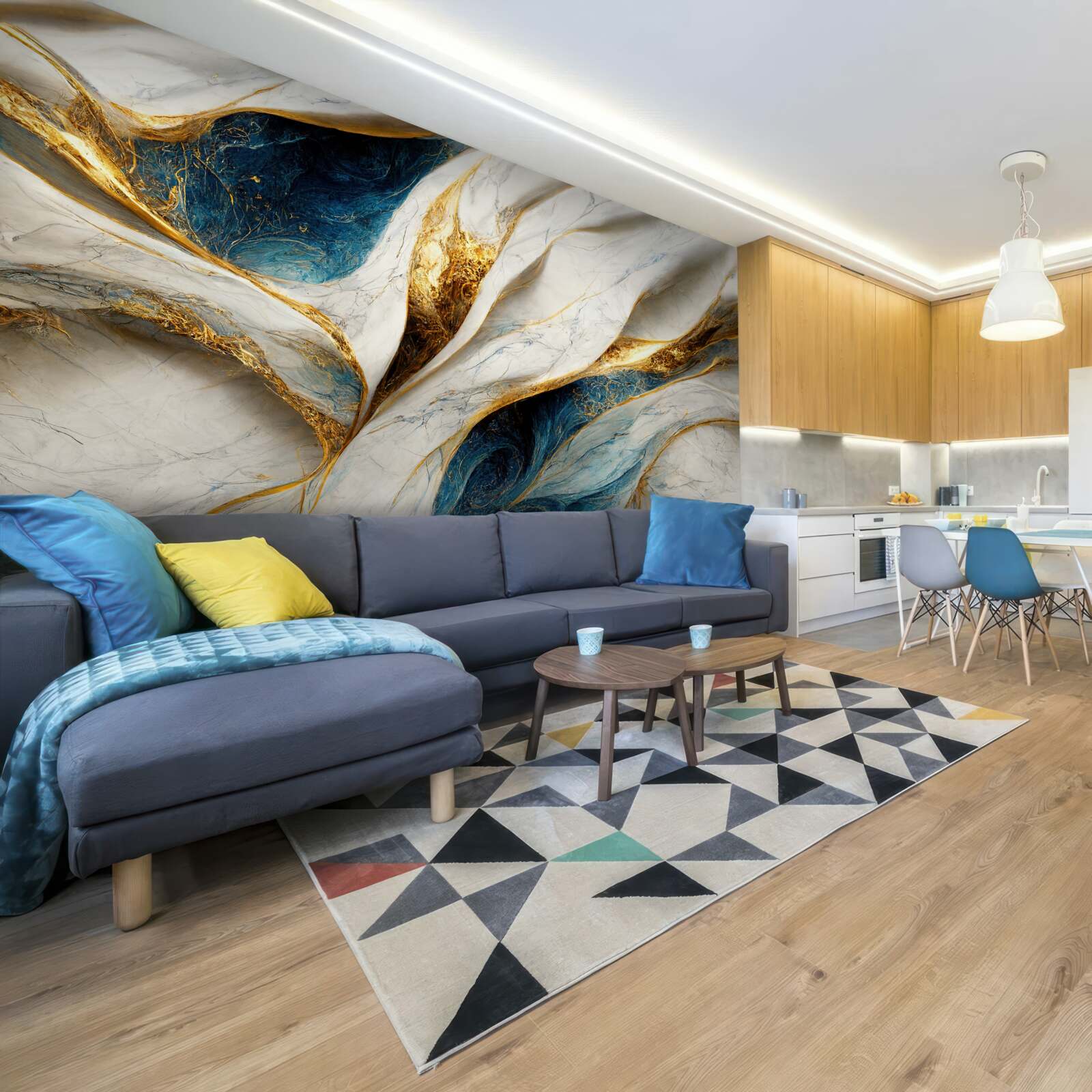 Papier peint marbre exclusif blanc neige avec dorures