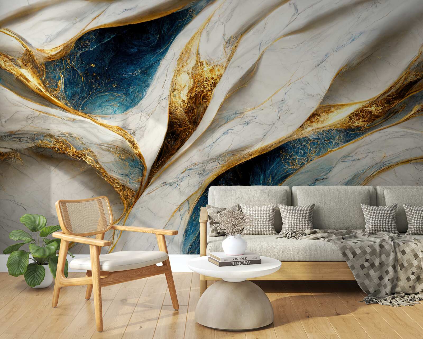 Papier peint marbre exclusif blanc neige avec dorures