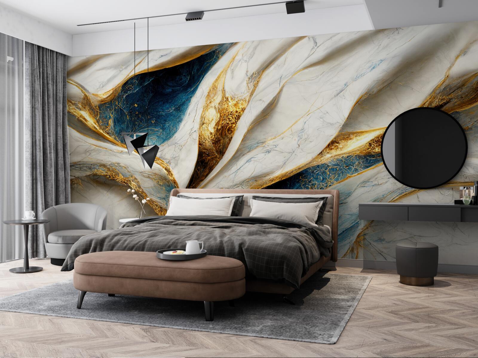 Papier peint marbre exclusif blanc neige avec dorures