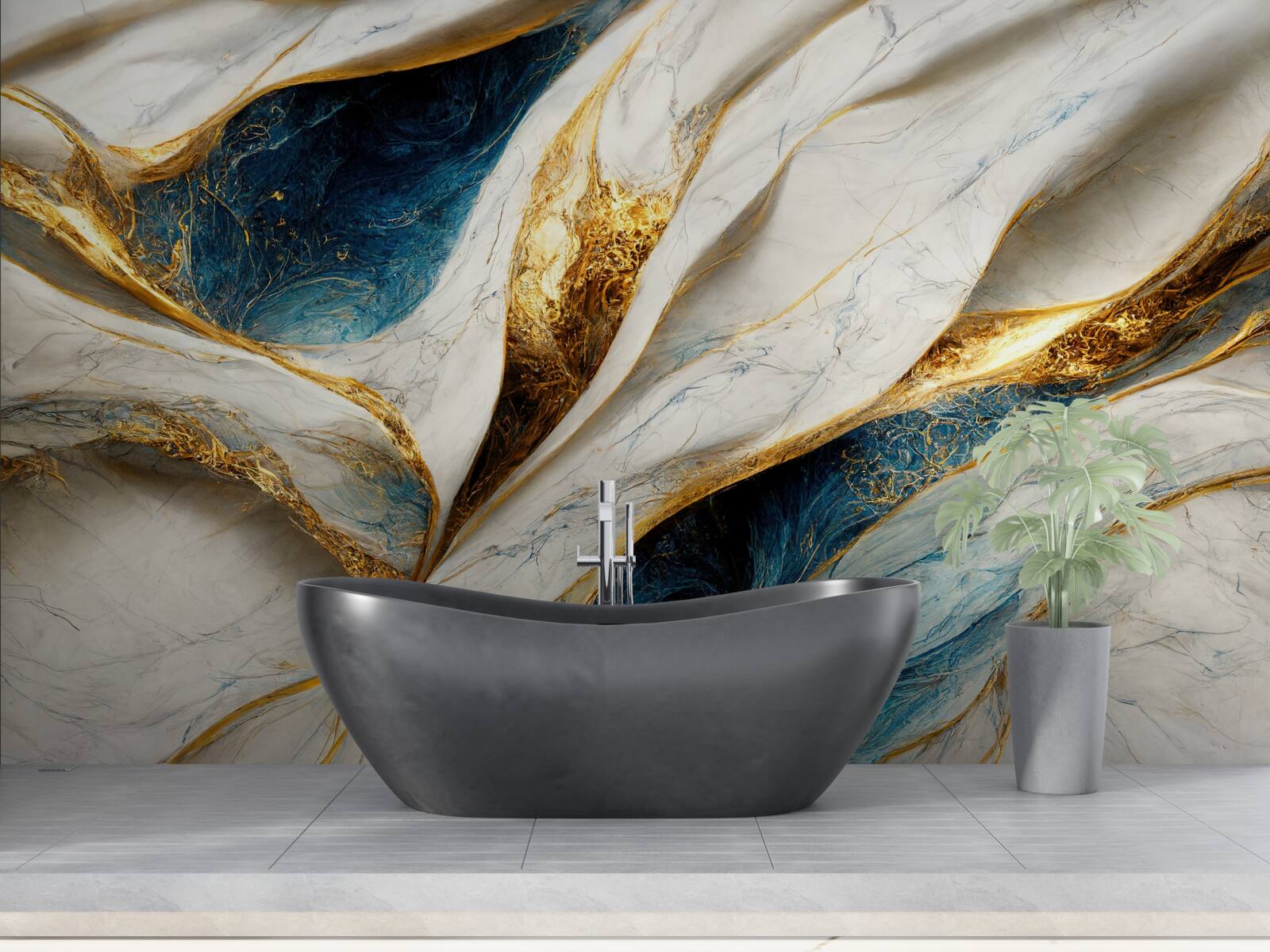 Papier peint marbre exclusif blanc neige avec dorures