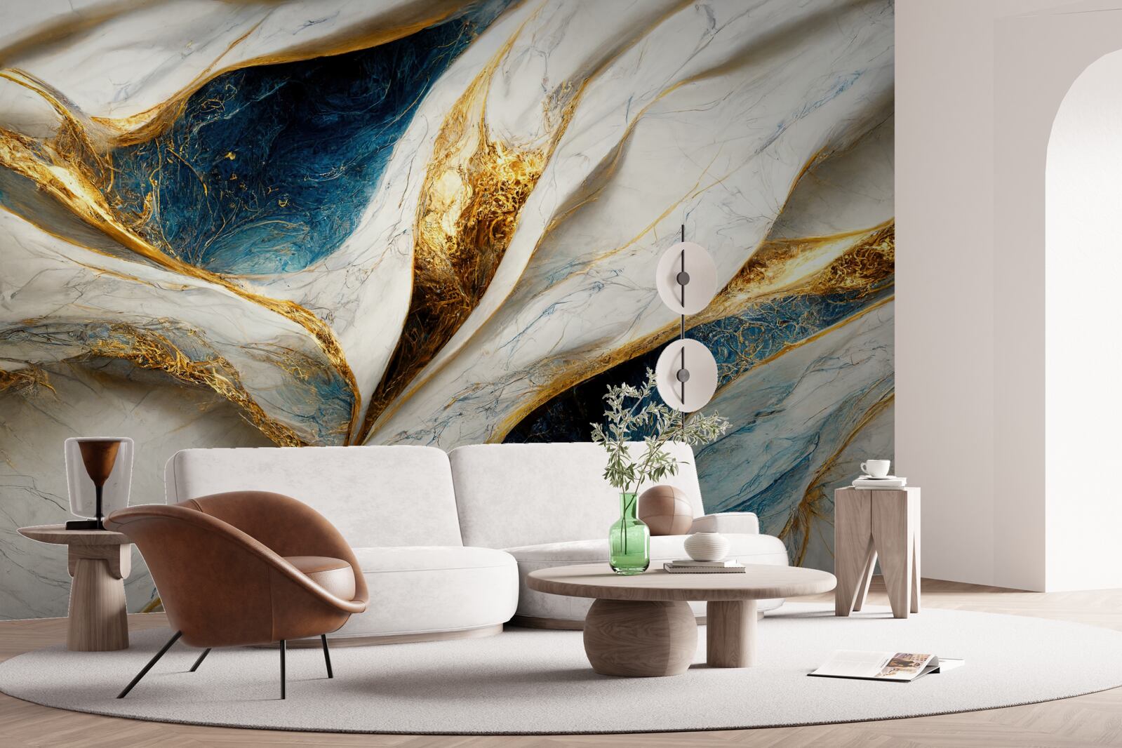 Papier peint marbre exclusif blanc neige avec dorures