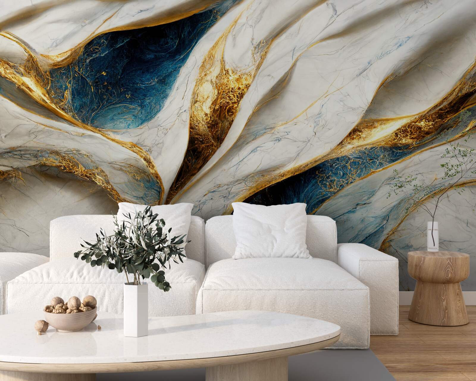 Papier peint marbre exclusif blanc neige avec dorures