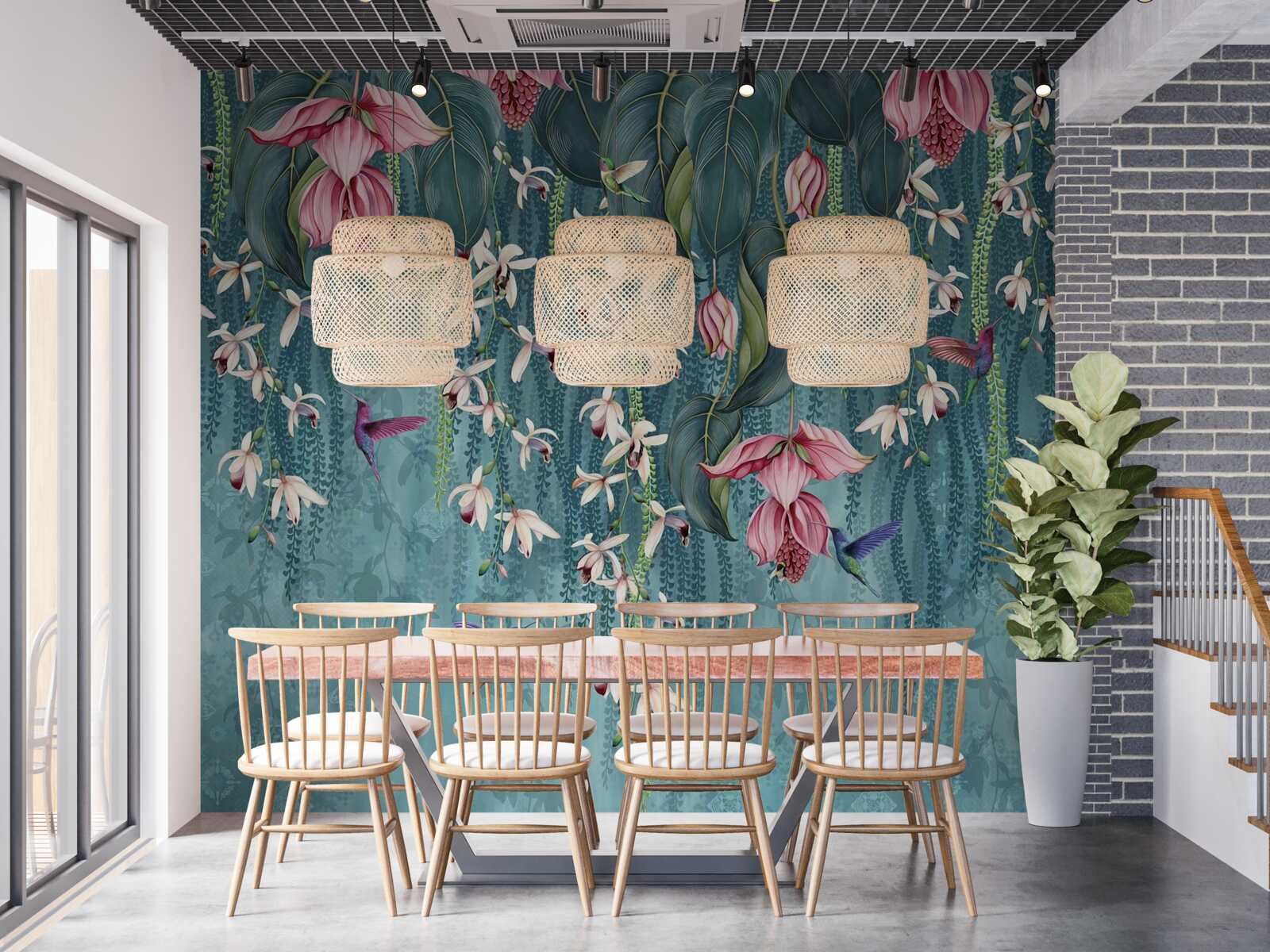 Papier peint des fleurs et des branches vertes suspendues et des colibris