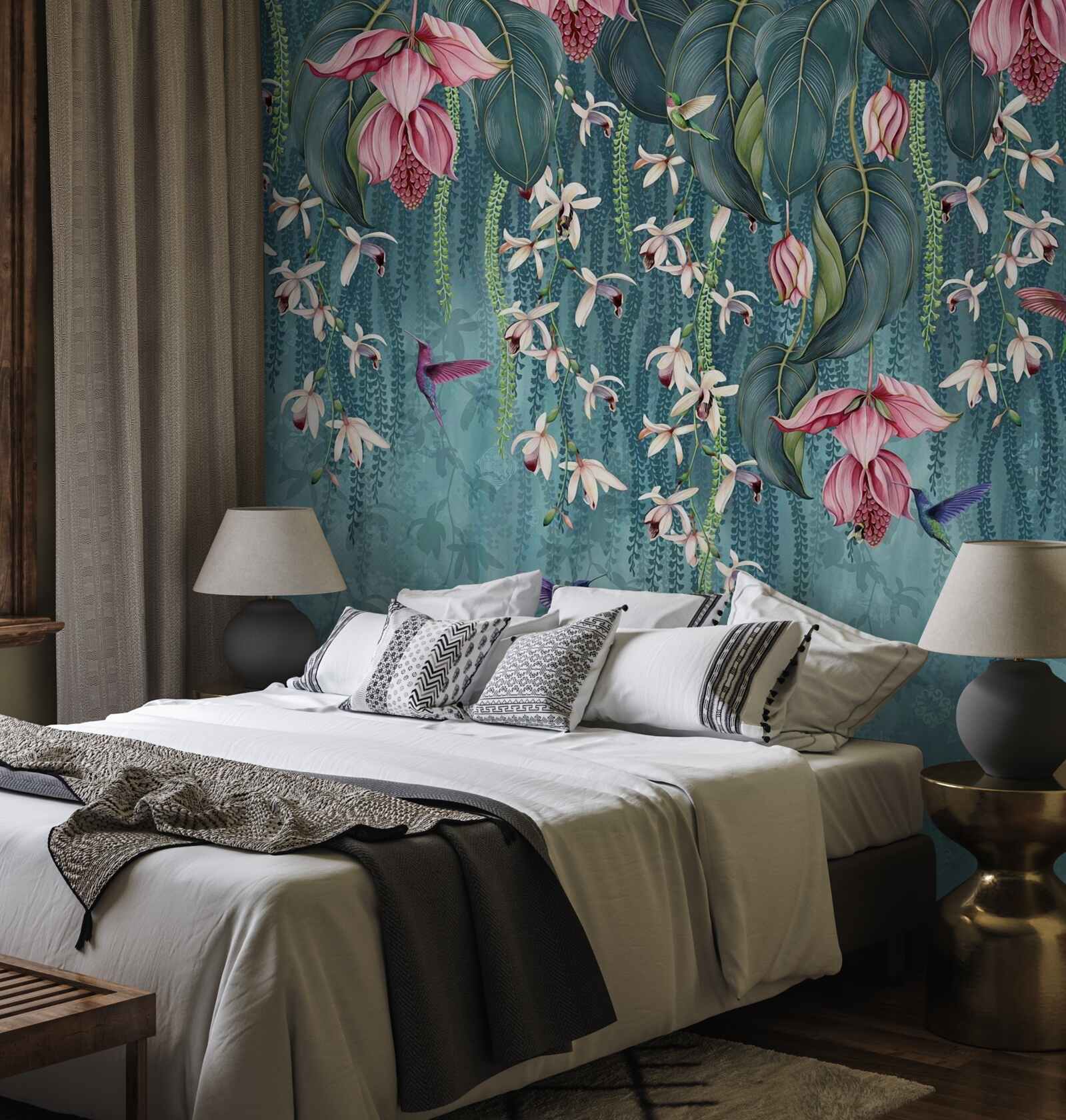 Papier peint des fleurs et des branches vertes suspendues et des colibris